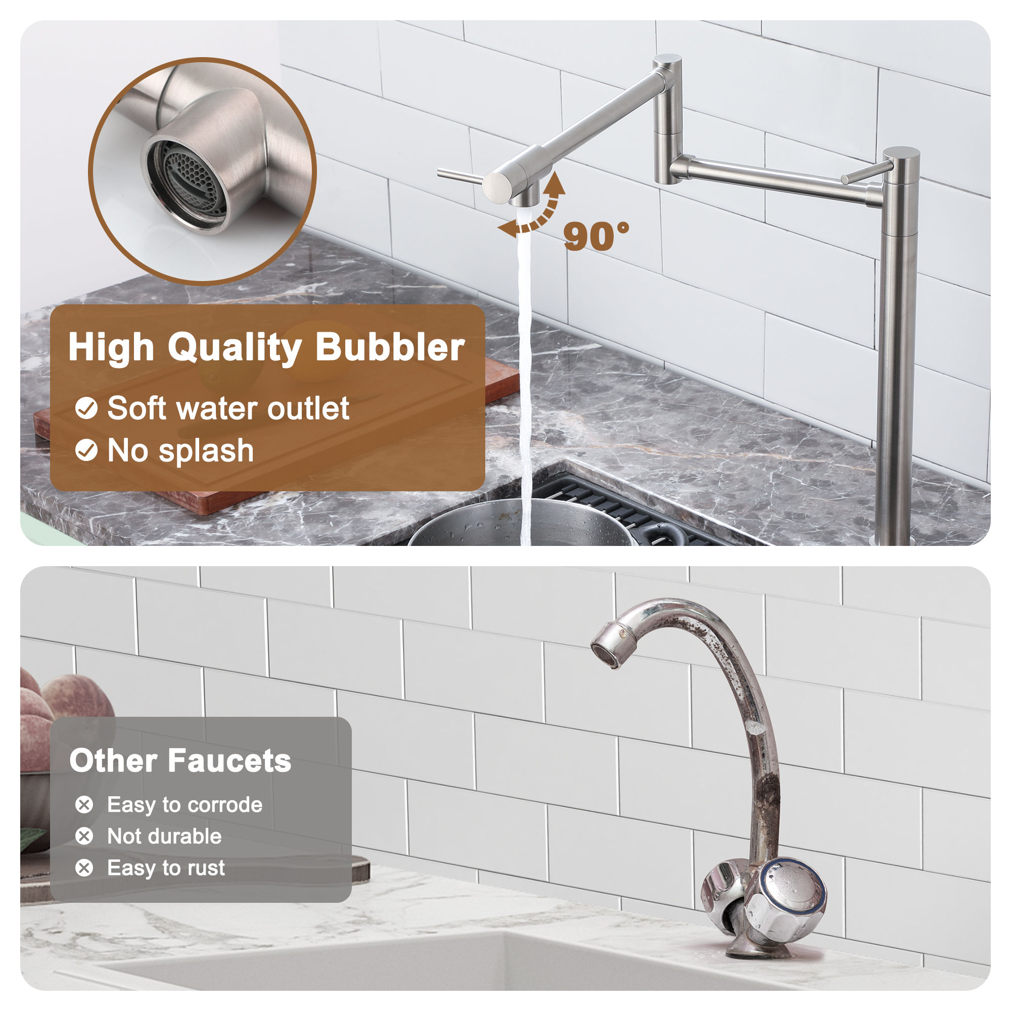 Deck Mount Pot Filler Faucet, Folding Kitchen Faucet with Stretchable Double Joint Swing Arms in Brass Brushed Gold/Brushed Nickel/Chrome Plating/Matte Black