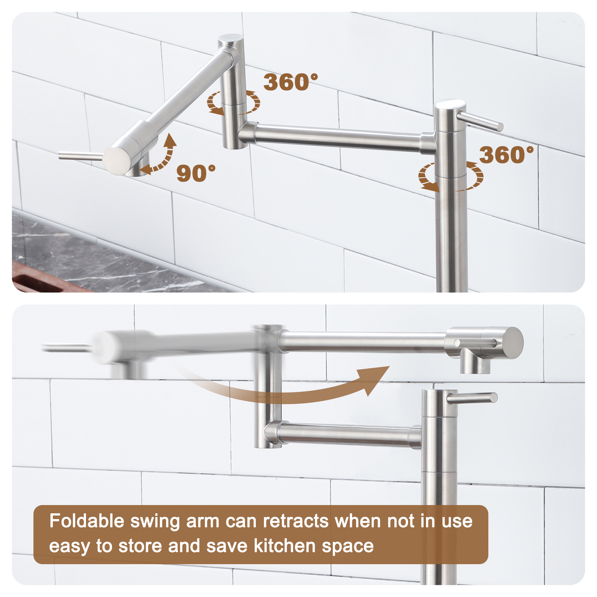 Deck Mount Pot Filler Faucet, Folding Kitchen Faucet with Stretchable Double Joint Swing Arms in Brass Brushed Gold/Brushed Nickel/Chrome Plating/Matte Black