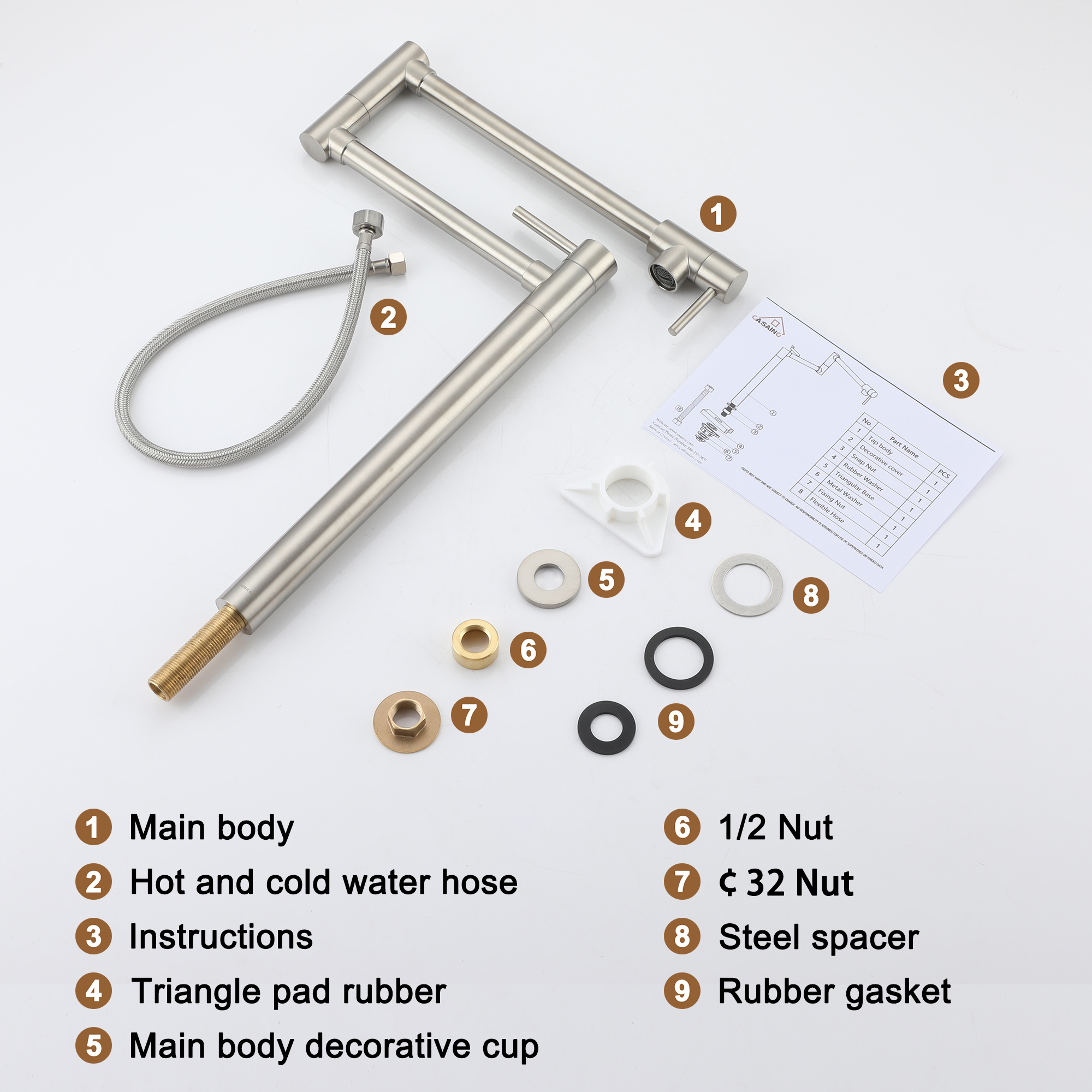 Deck Mount Pot Filler Faucet, Folding Kitchen Faucet with Stretchable Double Joint Swing Arms in Brass Brushed Gold/Brushed Nickel/Chrome Plating/Matte Black