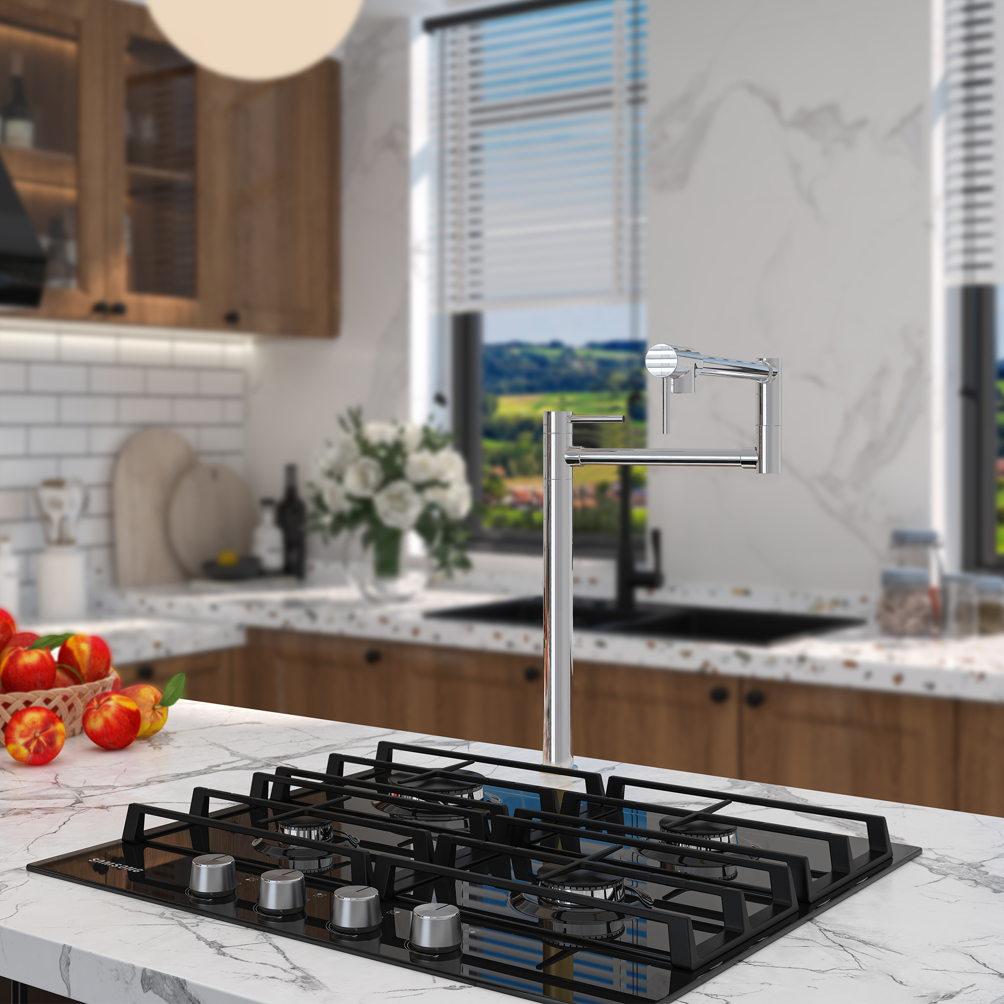 Deck Mount Pot Filler Faucet, Folding Kitchen Faucet with Stretchable Double Joint Swing Arms in Brass Brushed Gold/Brushed Nickel/Chrome Plating/Matte Black