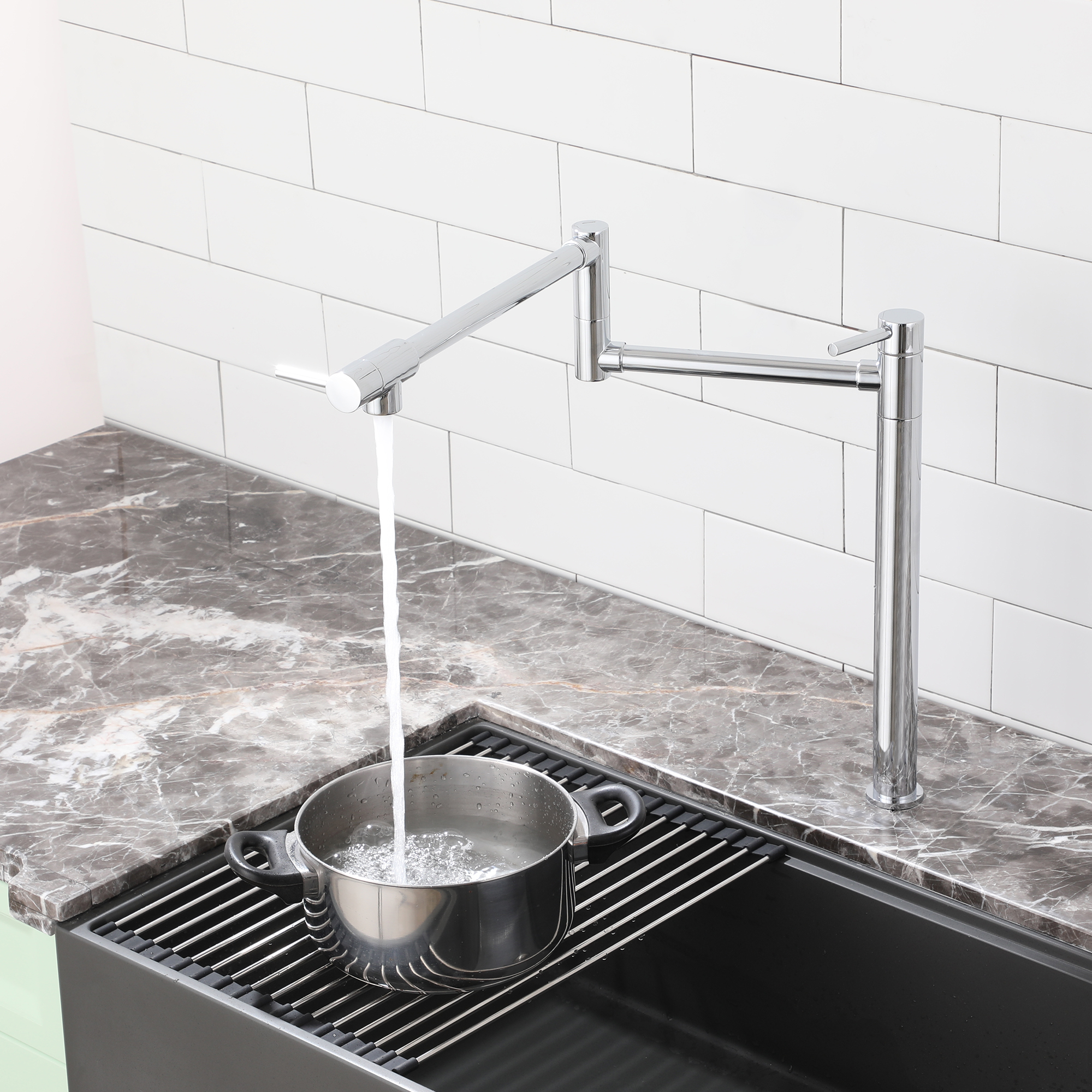 Deck Mount Pot Filler Faucet, Folding Kitchen Faucet with Stretchable Double Joint Swing Arms in Brass Brushed Gold/Brushed Nickel/Chrome Plating/Matte Black