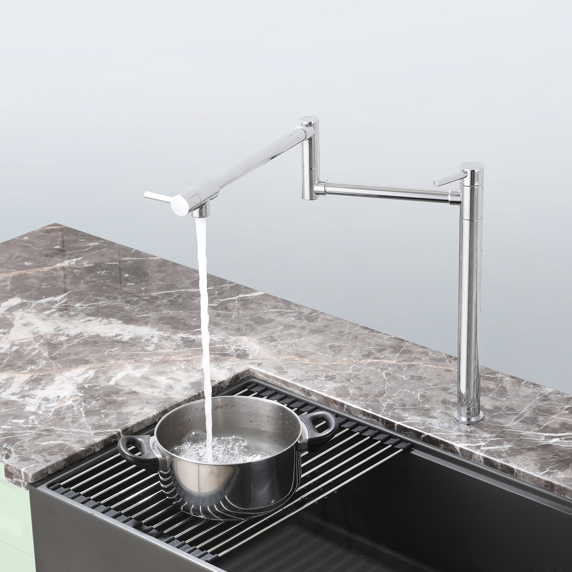 Deck Mount Pot Filler Faucet, Folding Kitchen Faucet with Stretchable Double Joint Swing Arms in Brass Brushed Gold/Brushed Nickel/Chrome Plating/Matte Black