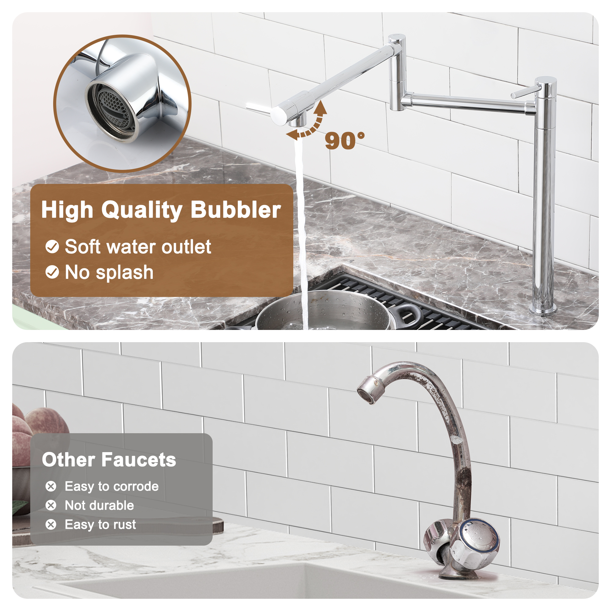 Deck Mount Pot Filler Faucet, Folding Kitchen Faucet with Stretchable Double Joint Swing Arms in Brass Brushed Gold/Brushed Nickel/Chrome Plating/Matte Black