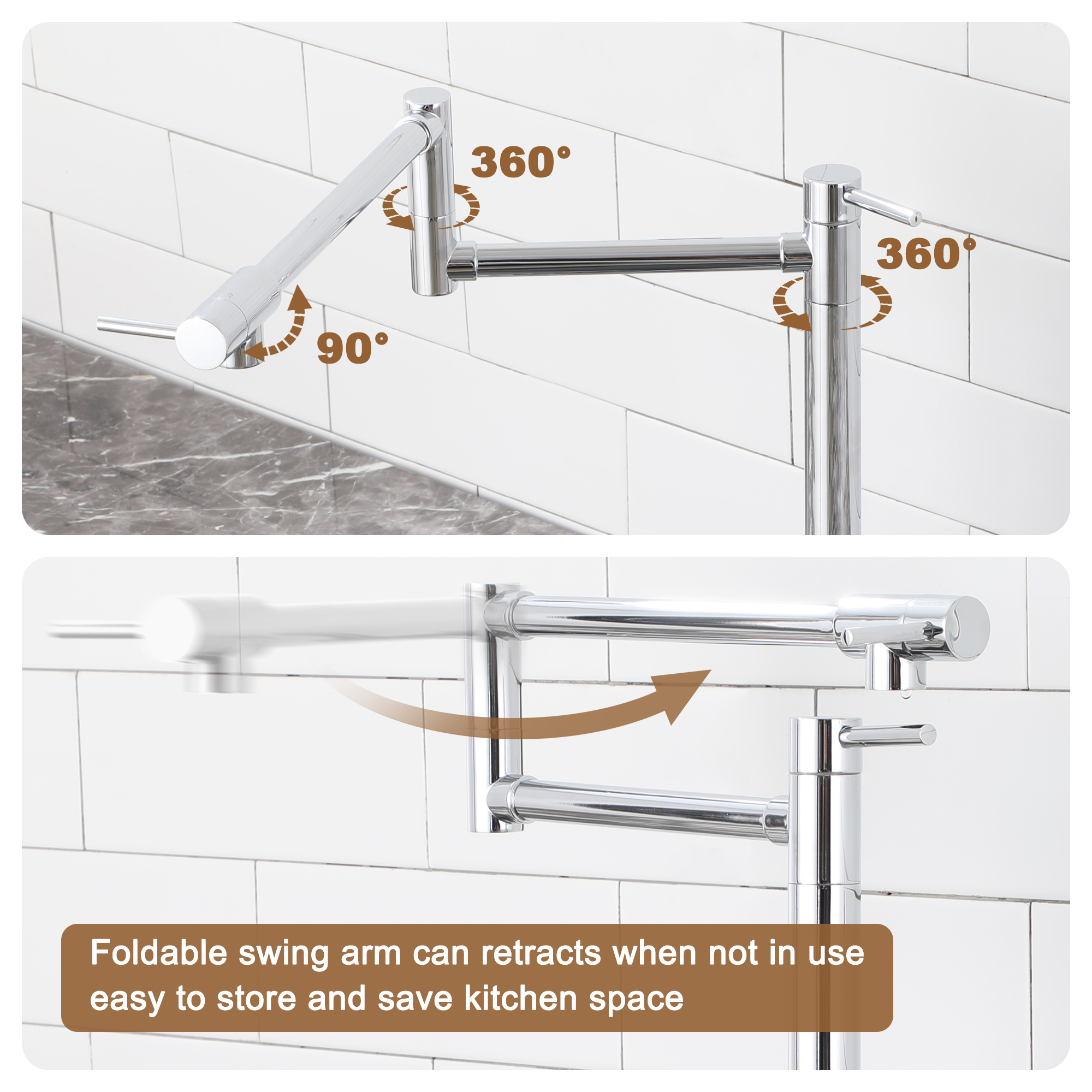 Deck Mount Pot Filler Faucet, Folding Kitchen Faucet with Stretchable Double Joint Swing Arms in Brass Brushed Gold/Brushed Nickel/Chrome Plating/Matte Black