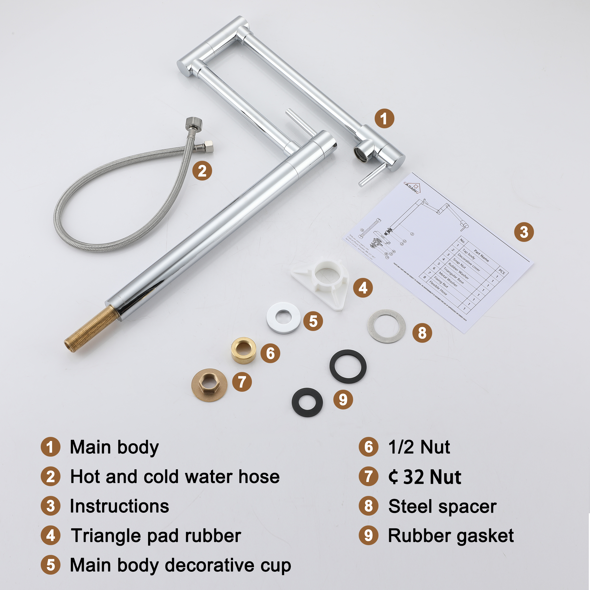 Deck Mount Pot Filler Faucet, Folding Kitchen Faucet with Stretchable Double Joint Swing Arms in Brass Brushed Gold/Brushed Nickel/Chrome Plating/Matte Black