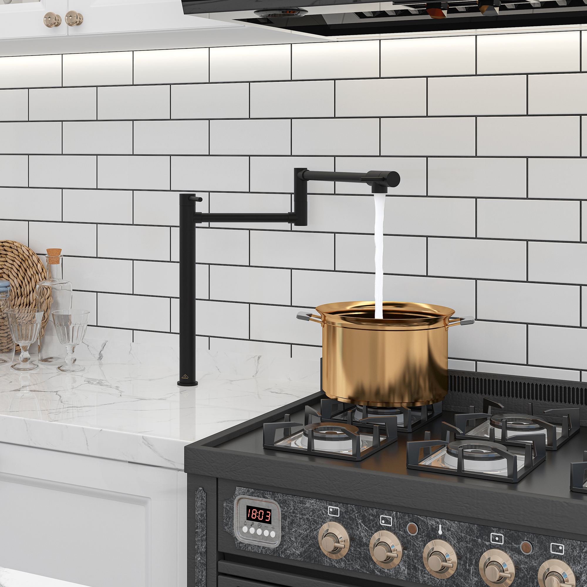 Deck Mount Pot Filler Faucet, Folding Kitchen Faucet with Stretchable Double Joint Swing Arms in Brass Brushed Gold/Brushed Nickel/Chrome Plating/Matte Black