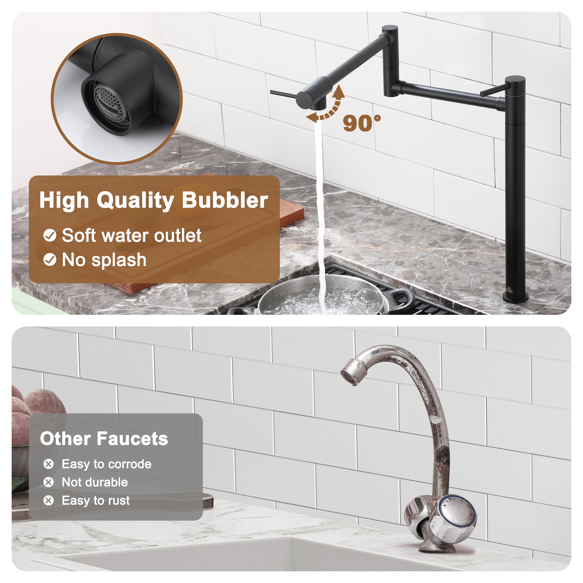 Deck Mount Pot Filler Faucet, Folding Kitchen Faucet with Stretchable Double Joint Swing Arms in Brass Brushed Gold/Brushed Nickel/Chrome Plating/Matte Black