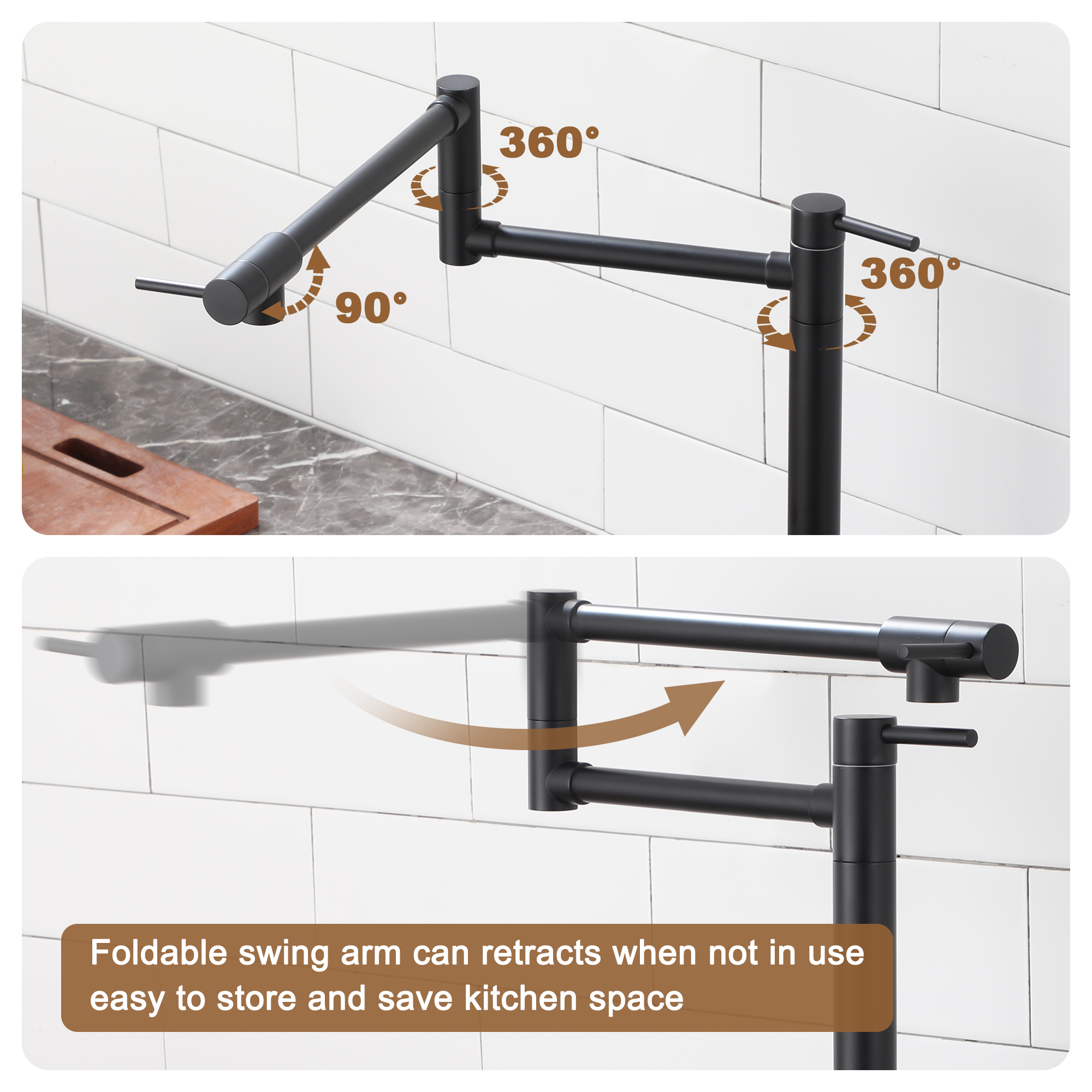 Deck Mount Pot Filler Faucet, Folding Kitchen Faucet with Stretchable Double Joint Swing Arms in Brass Brushed Gold/Brushed Nickel/Chrome Plating/Matte Black