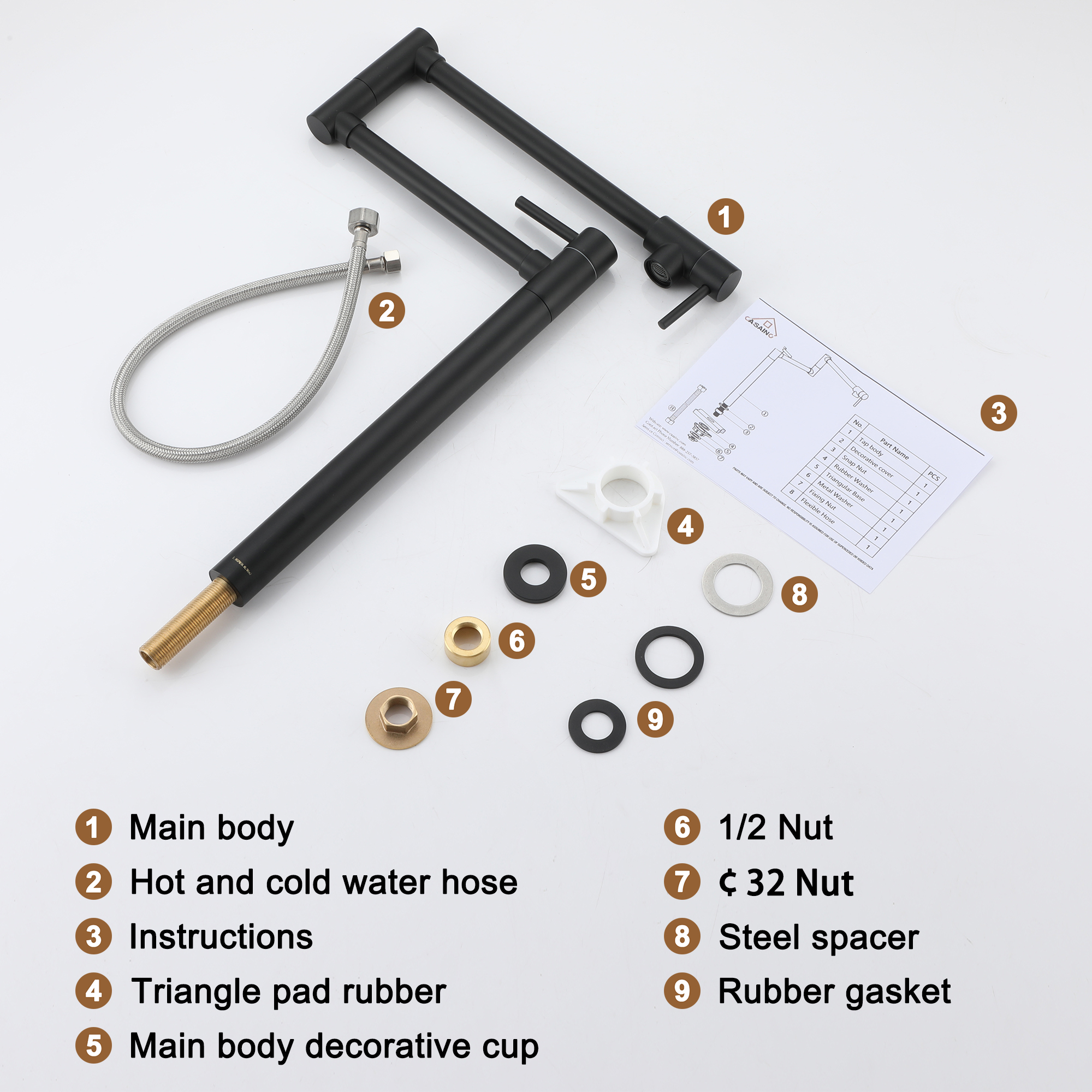 Deck Mount Pot Filler Faucet, Folding Kitchen Faucet with Stretchable Double Joint Swing Arms in Brass Brushed Gold/Brushed Nickel/Chrome Plating/Matte Black