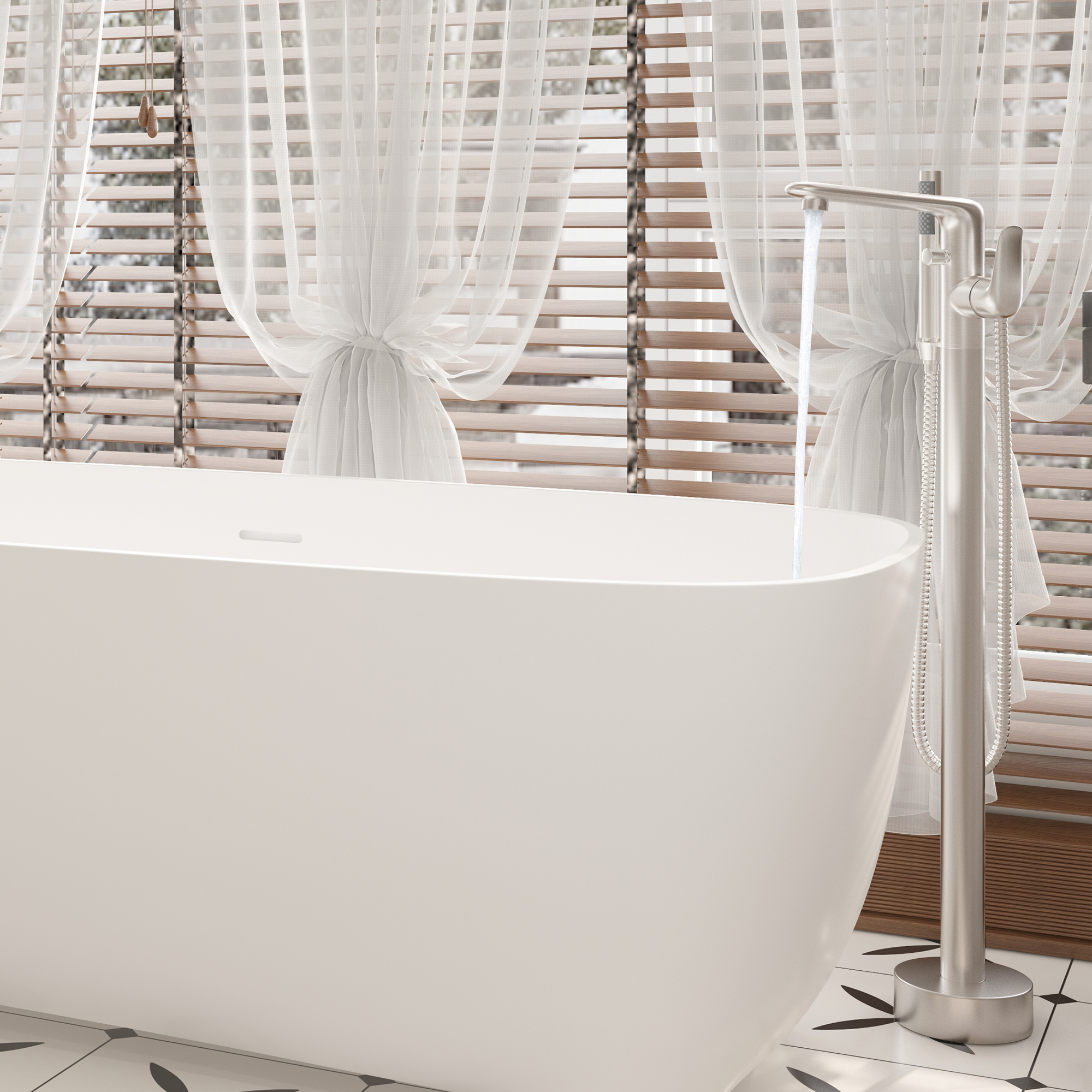 Stand Alone Brass Tub Faucet Waterfall Freestanding Bathtub Filler with Hand Shower Matte Black /Brushed Nickel /Brushed Gold /Chrome Plated