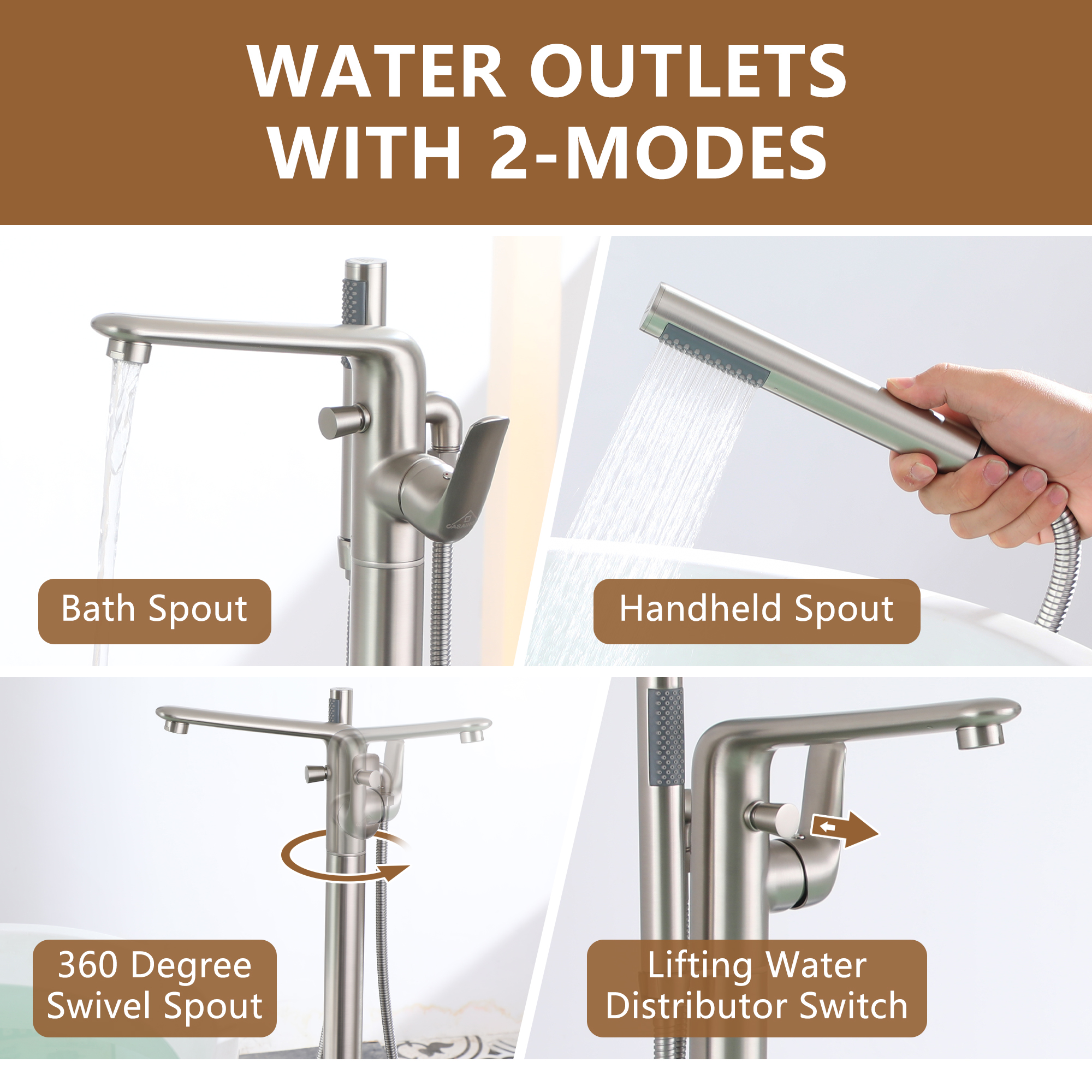 Stand Alone Brass Tub Faucet Waterfall Freestanding Bathtub Filler with Hand Shower Matte Black /Brushed Nickel /Brushed Gold /Chrome Plated