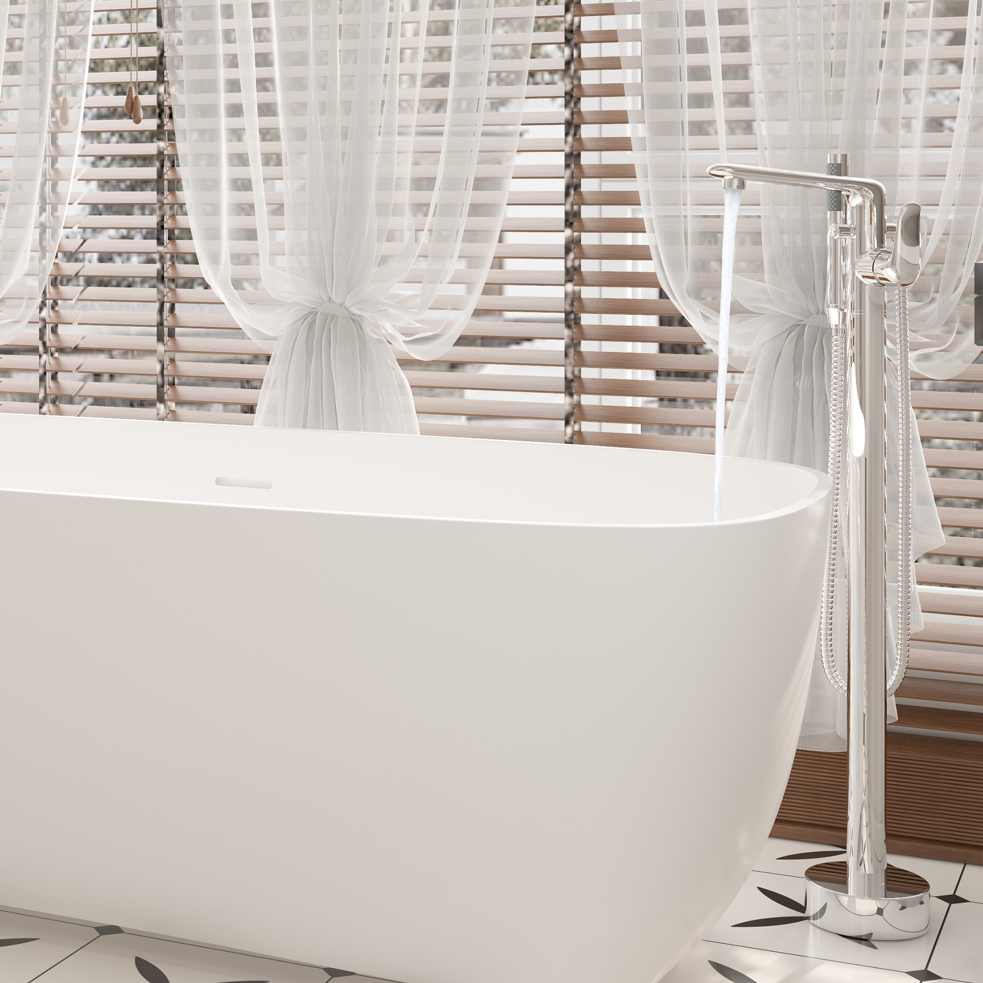 Stand Alone Brass Tub Faucet Waterfall Freestanding Bathtub Filler with Hand Shower Matte Black /Brushed Nickel /Brushed Gold /Chrome Plated