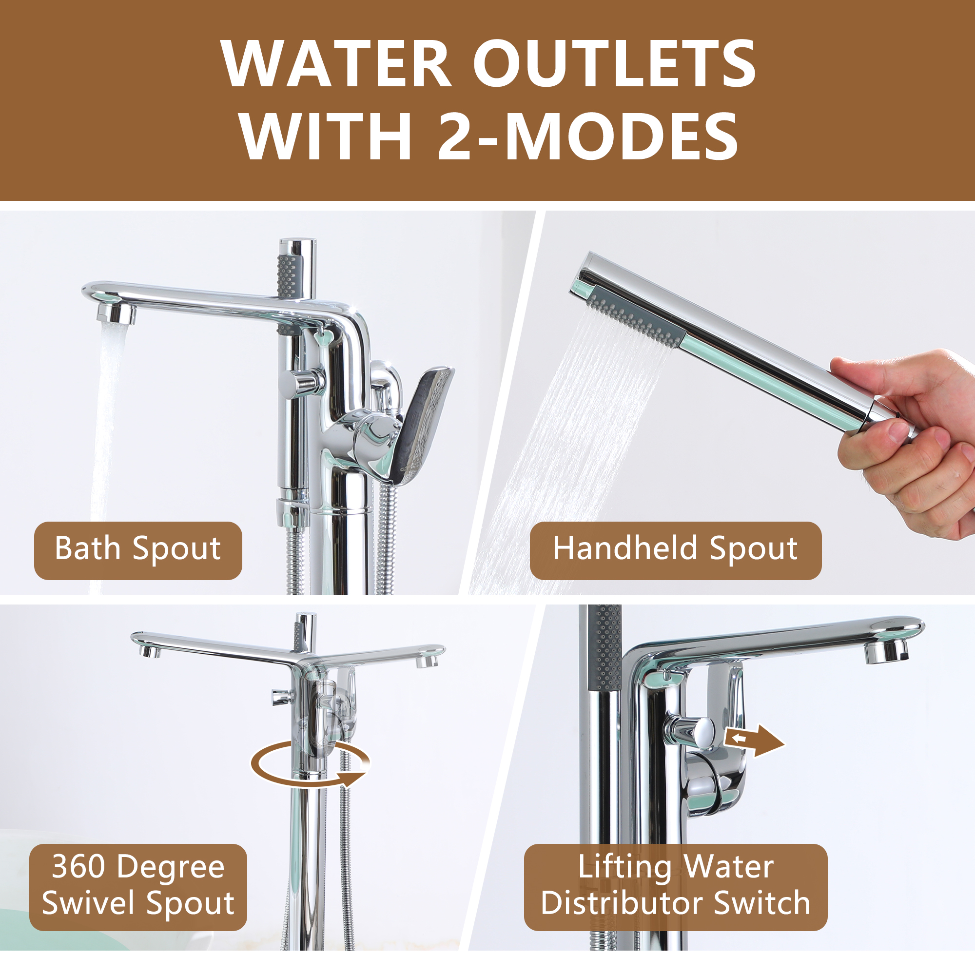 Stand Alone Brass Tub Faucet Waterfall Freestanding Bathtub Filler with Hand Shower Matte Black /Brushed Nickel /Brushed Gold /Chrome Plated