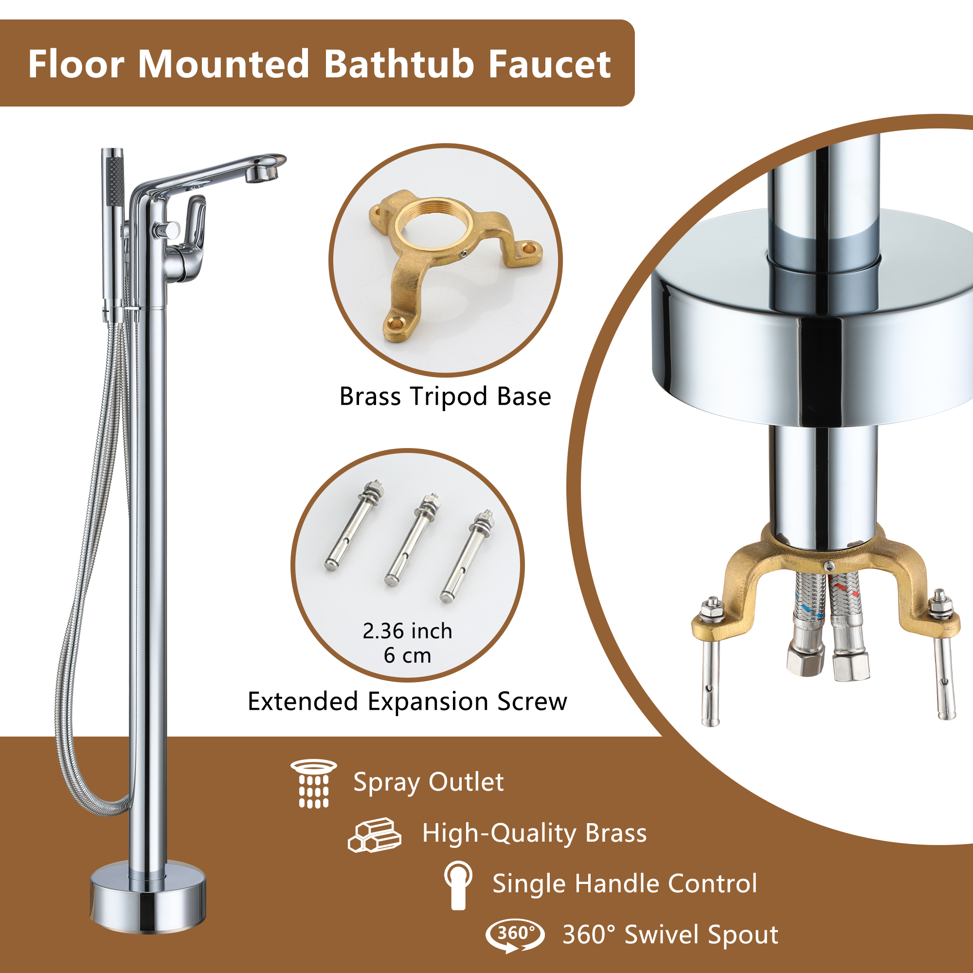 Stand Alone Brass Tub Faucet Waterfall Freestanding Bathtub Filler with Hand Shower Matte Black /Brushed Nickel /Brushed Gold /Chrome Plated