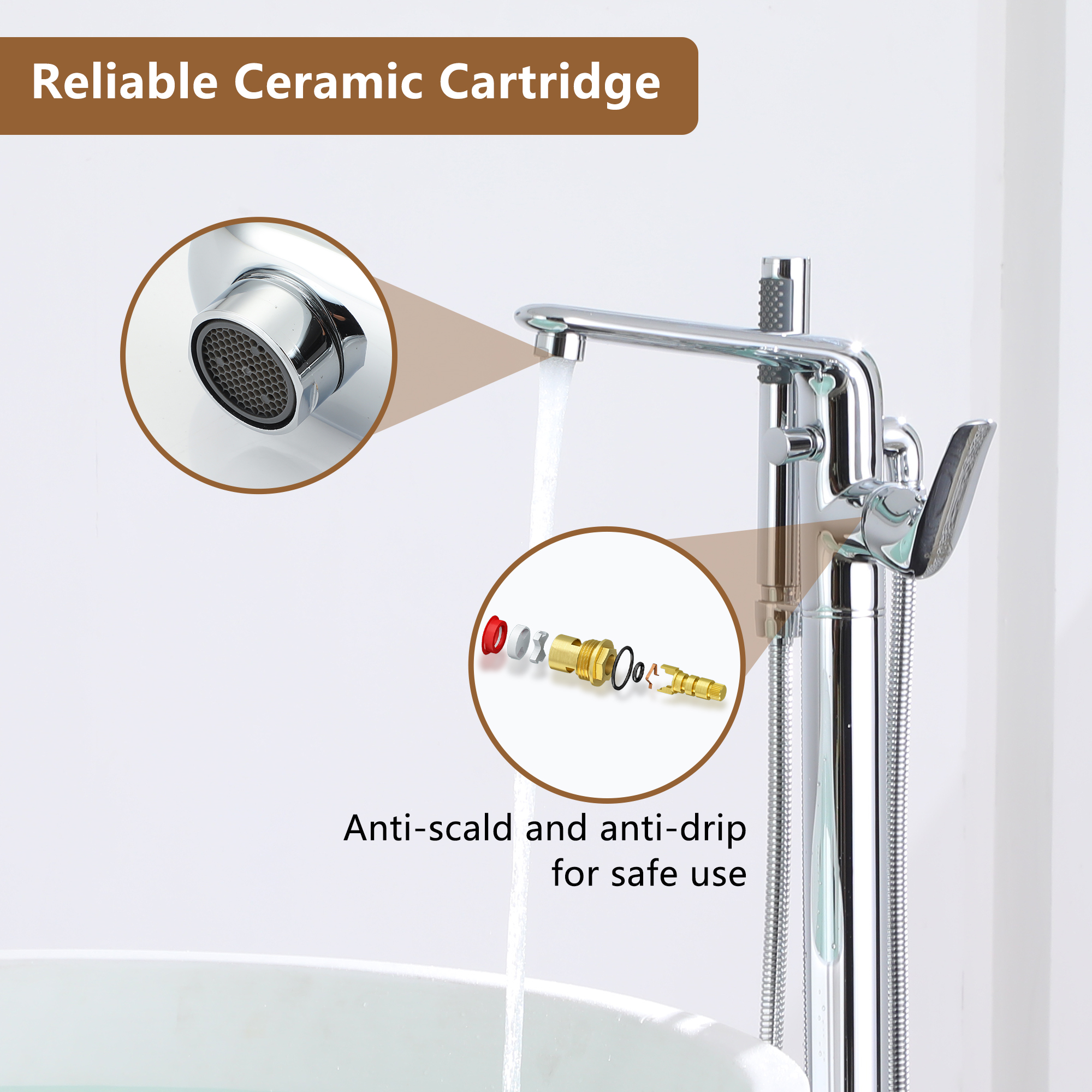 Stand Alone Brass Tub Faucet Waterfall Freestanding Bathtub Filler with Hand Shower Matte Black /Brushed Nickel /Brushed Gold /Chrome Plated