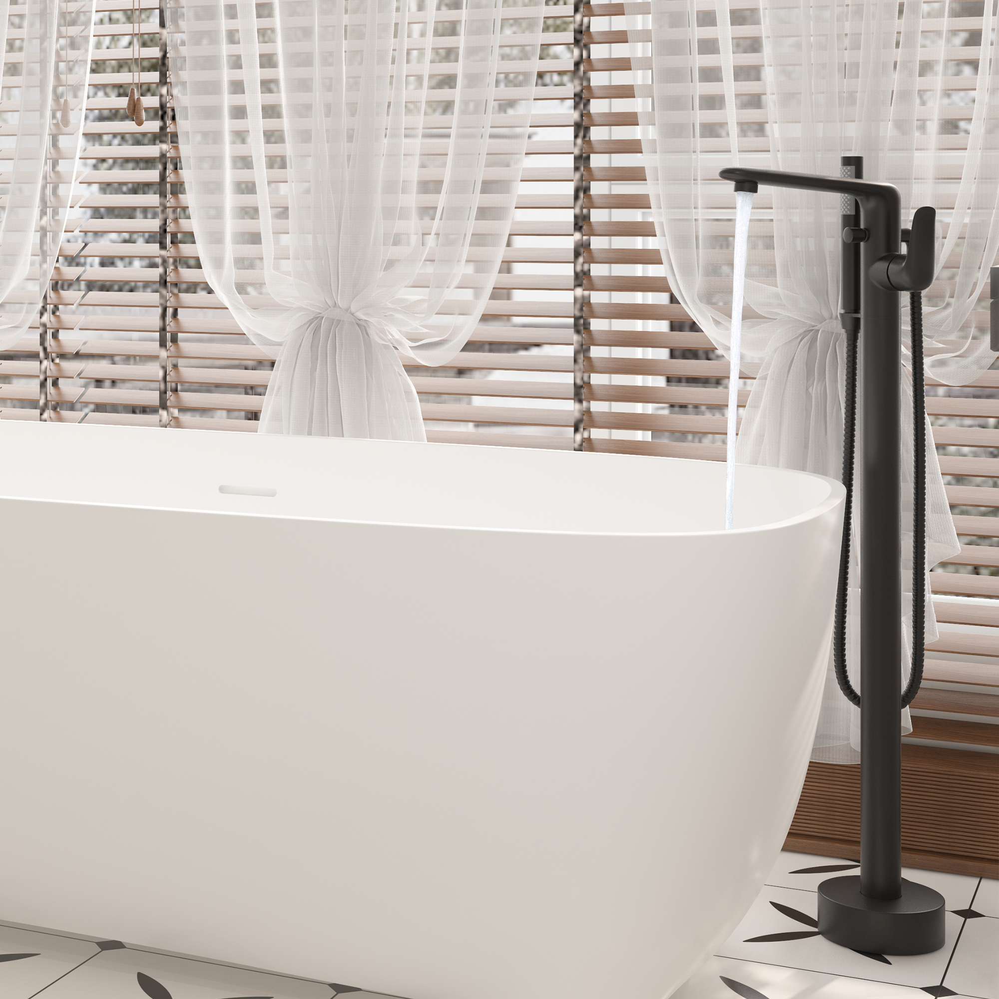 Stand Alone Brass Tub Faucet Waterfall Freestanding Bathtub Filler with Hand Shower Matte Black /Brushed Nickel /Brushed Gold /Chrome Plated