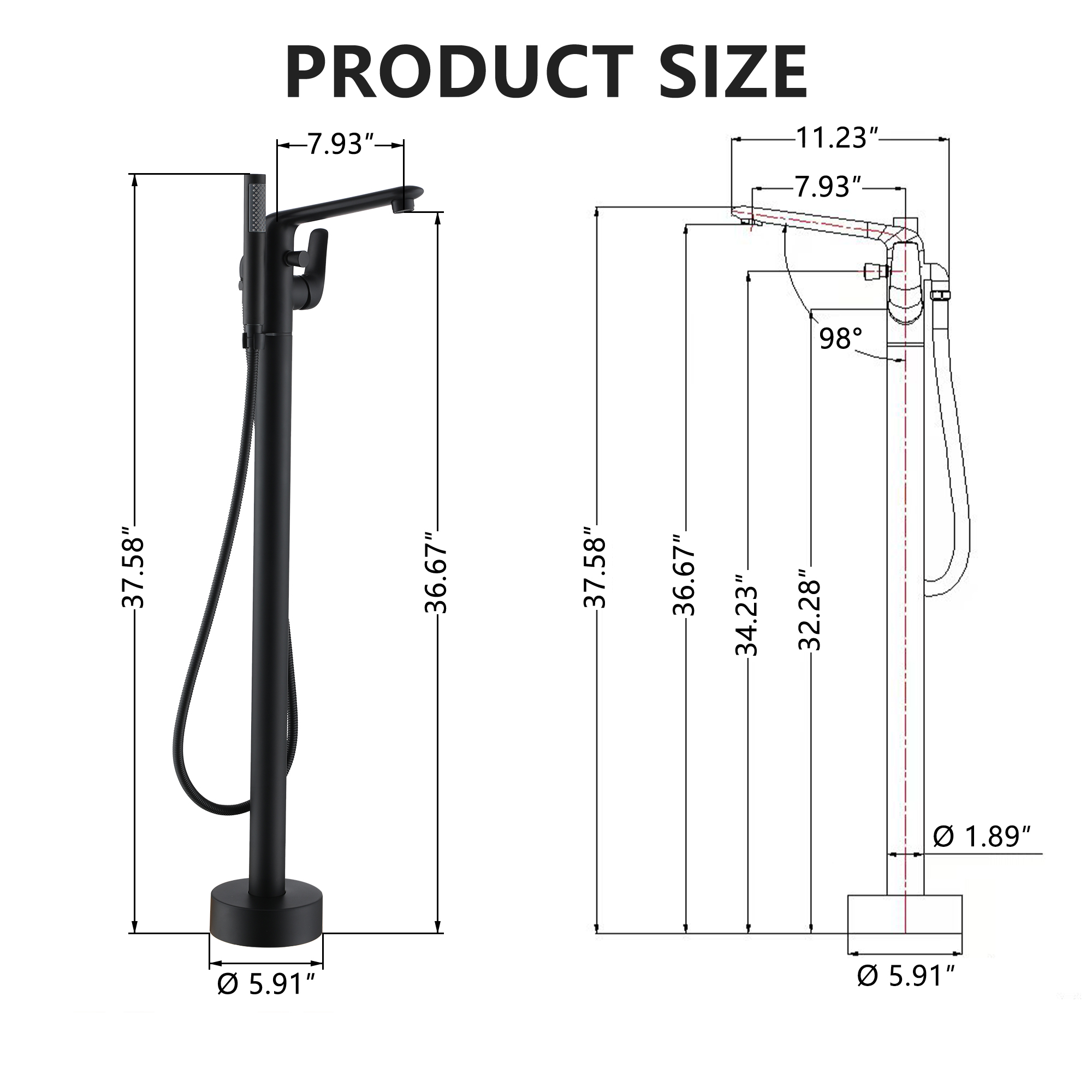 Stand Alone Brass Tub Faucet Waterfall Freestanding Bathtub Filler with Hand Shower Matte Black /Brushed Nickel /Brushed Gold /Chrome Plated