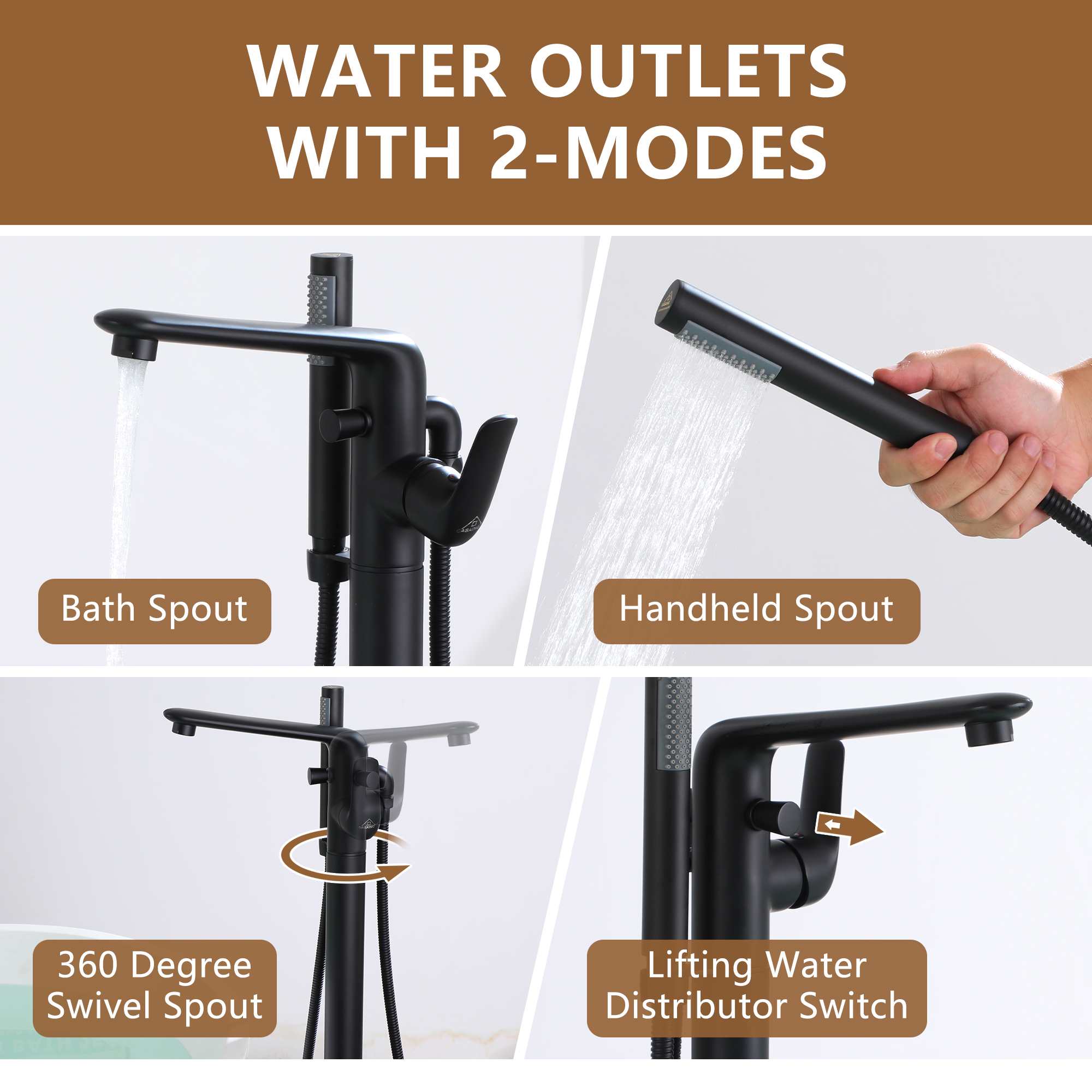 Stand Alone Brass Tub Faucet Waterfall Freestanding Bathtub Filler with Hand Shower Matte Black /Brushed Nickel /Brushed Gold /Chrome Plated