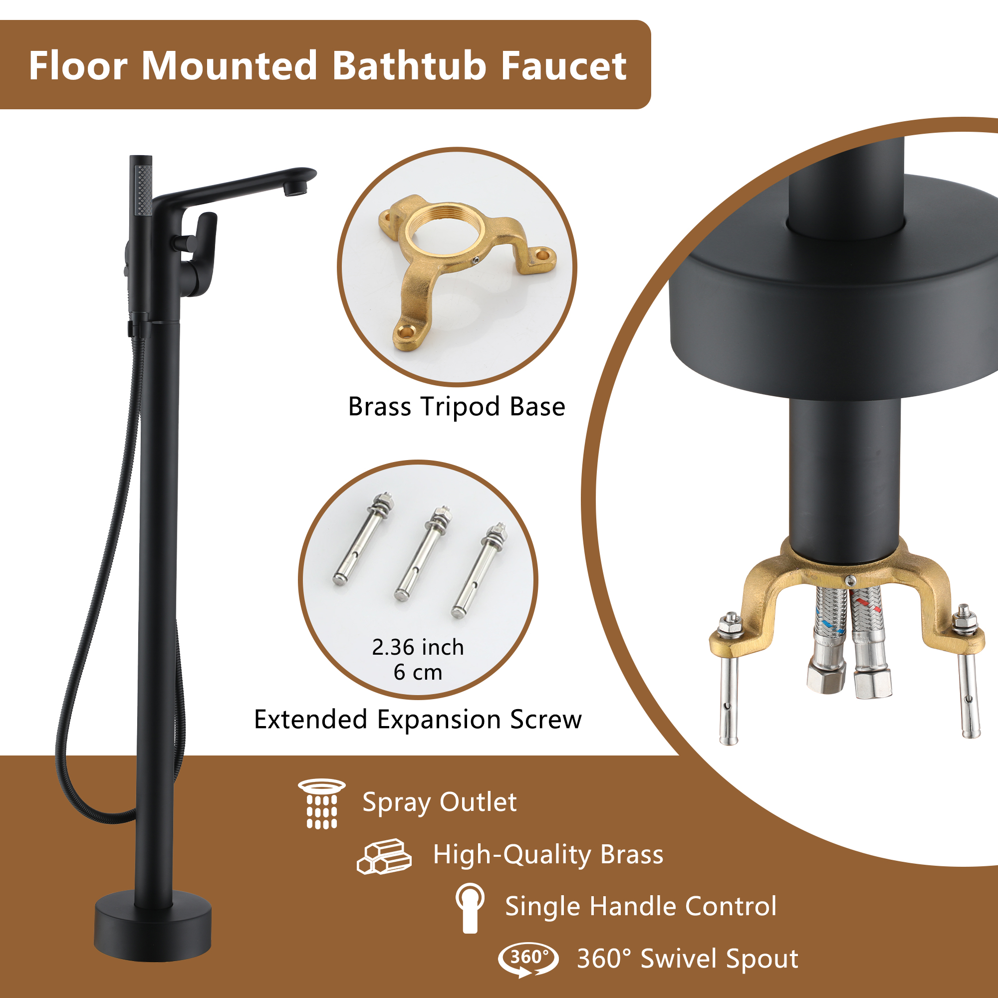 Stand Alone Brass Tub Faucet Waterfall Freestanding Bathtub Filler with Hand Shower Matte Black /Brushed Nickel /Brushed Gold /Chrome Plated