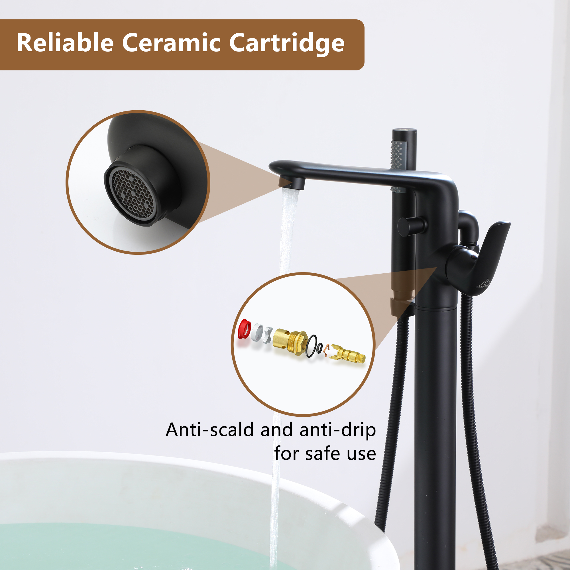 Stand Alone Brass Tub Faucet Waterfall Freestanding Bathtub Filler with Hand Shower Matte Black /Brushed Nickel /Brushed Gold /Chrome Plated