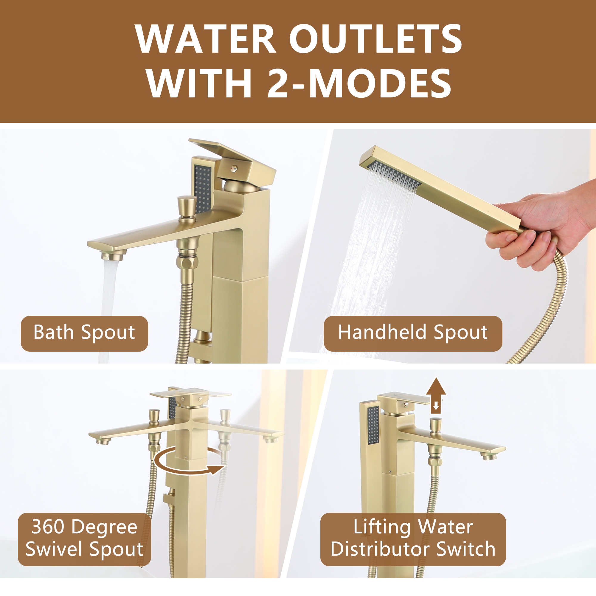 Free Standing Tub Filler Brass Bathtub Faucet with Hand Held Shower 