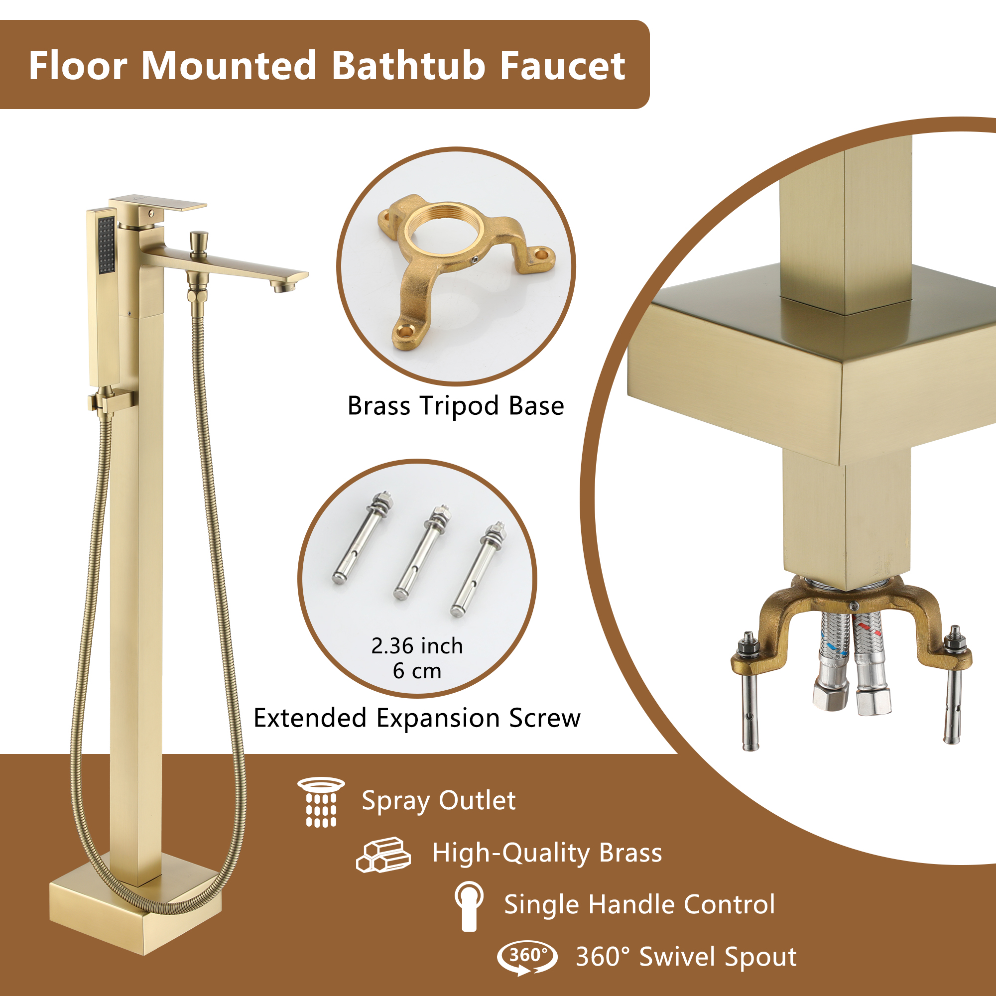 Free Standing Tub Filler Brass Bathtub Faucet with Hand Held Shower 