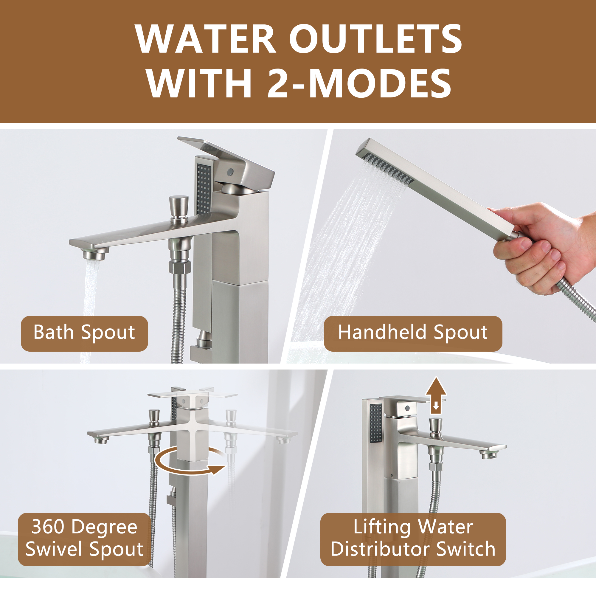 Free Standing Tub Filler Brass Bathtub Faucet with Hand Held Shower 