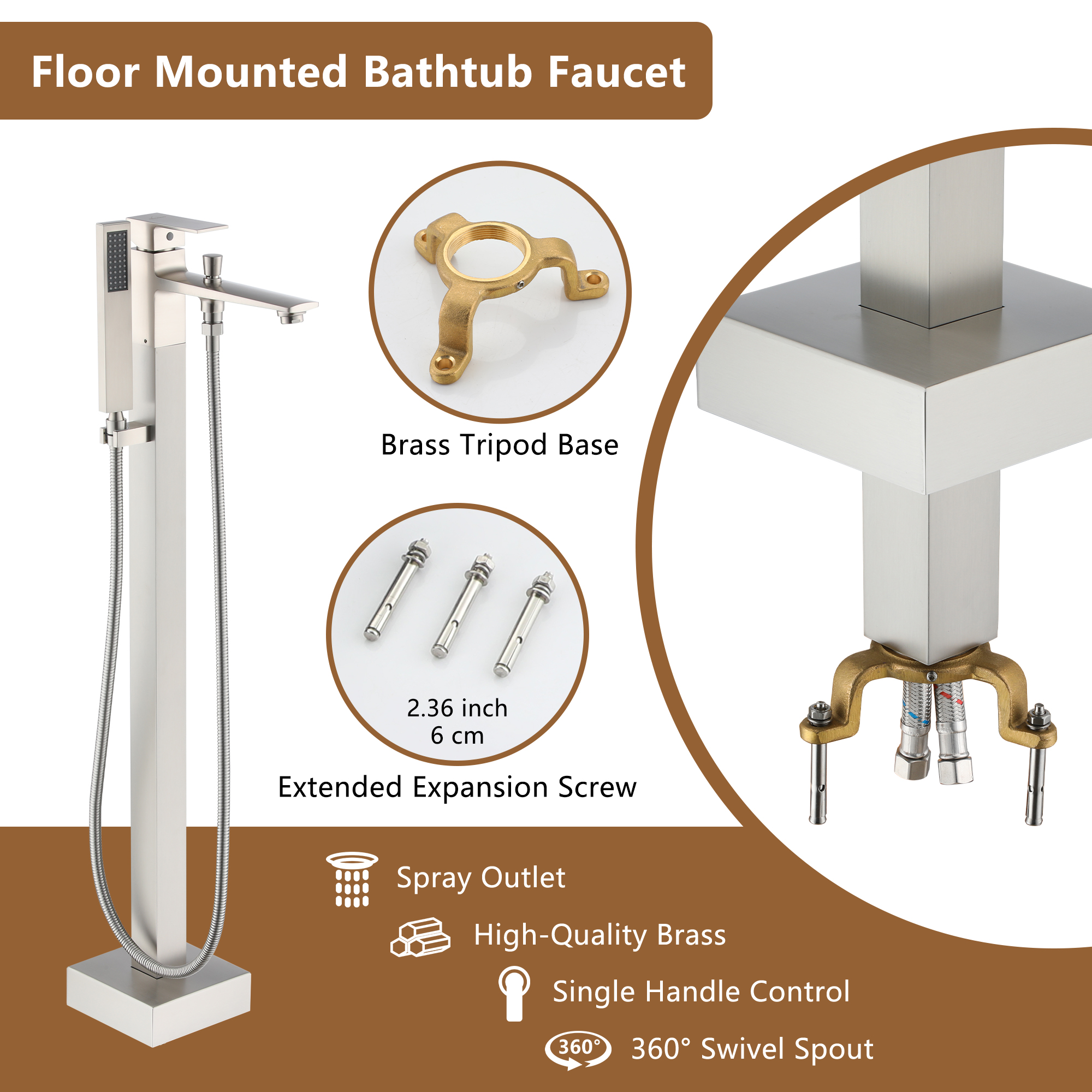 Free Standing Tub Filler Brass Bathtub Faucet with Hand Held Shower 