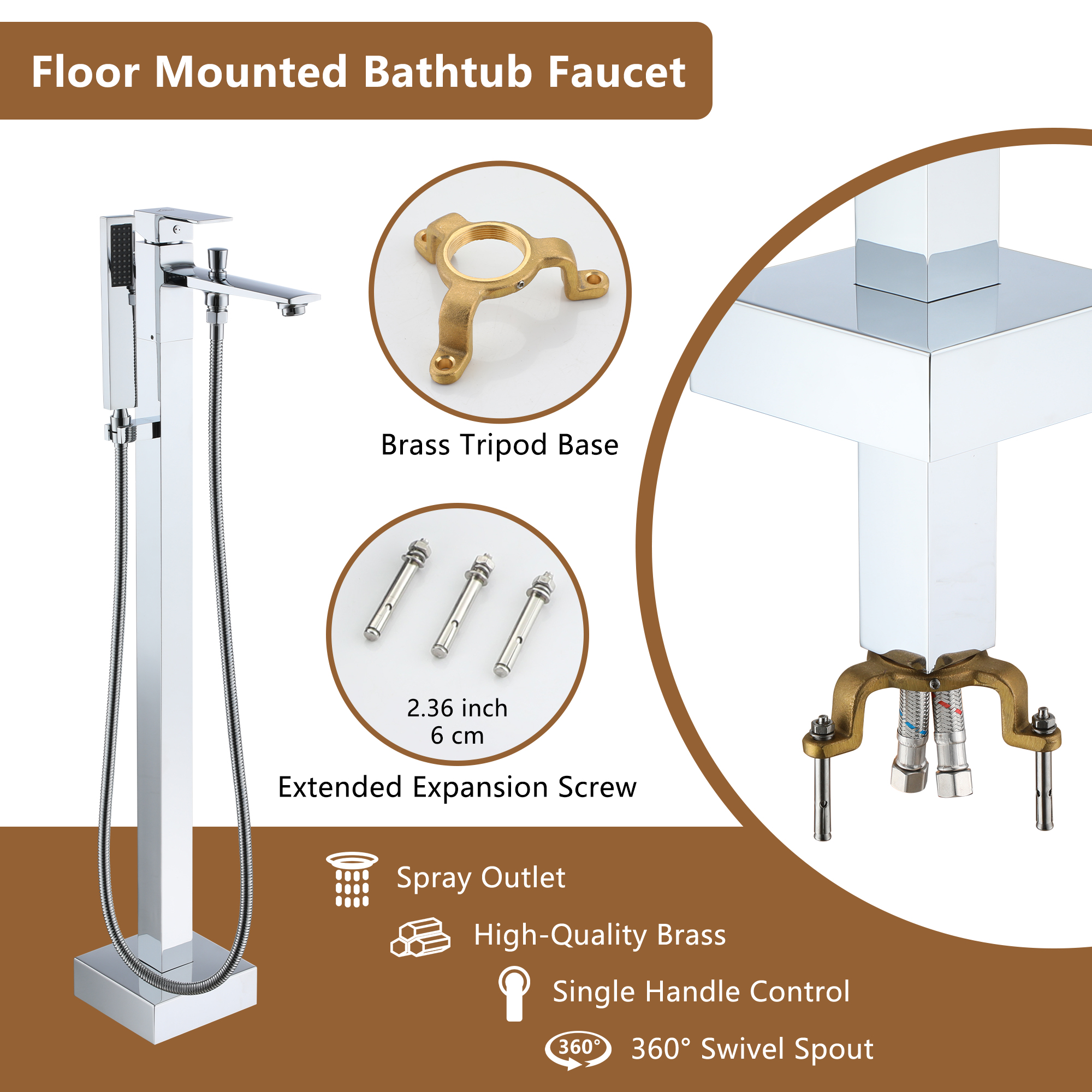 Free Standing Tub Filler Brass Bathtub Faucet with Hand Held Shower 