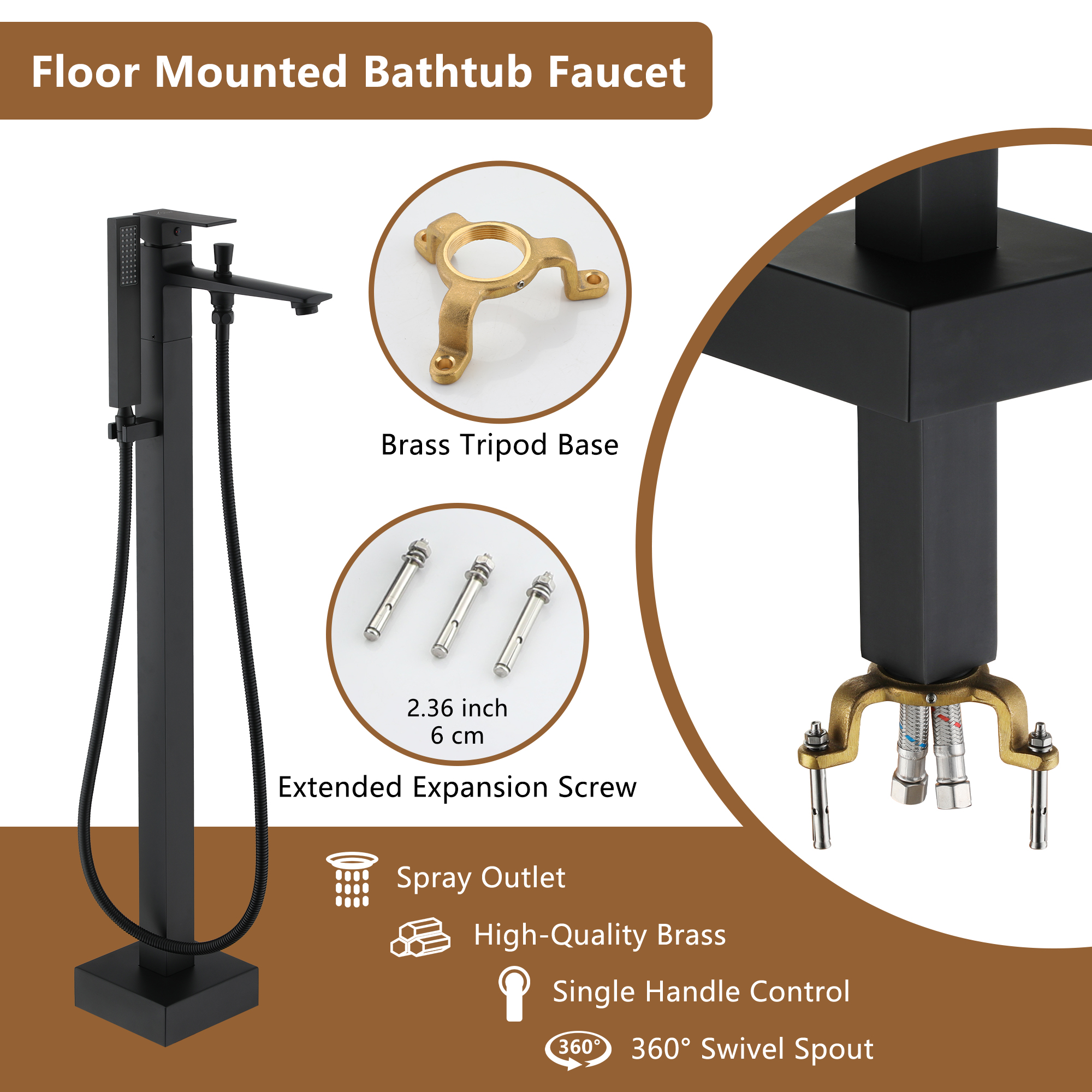 Free Standing Tub Filler Brass Bathtub Faucet with Hand Held Shower 