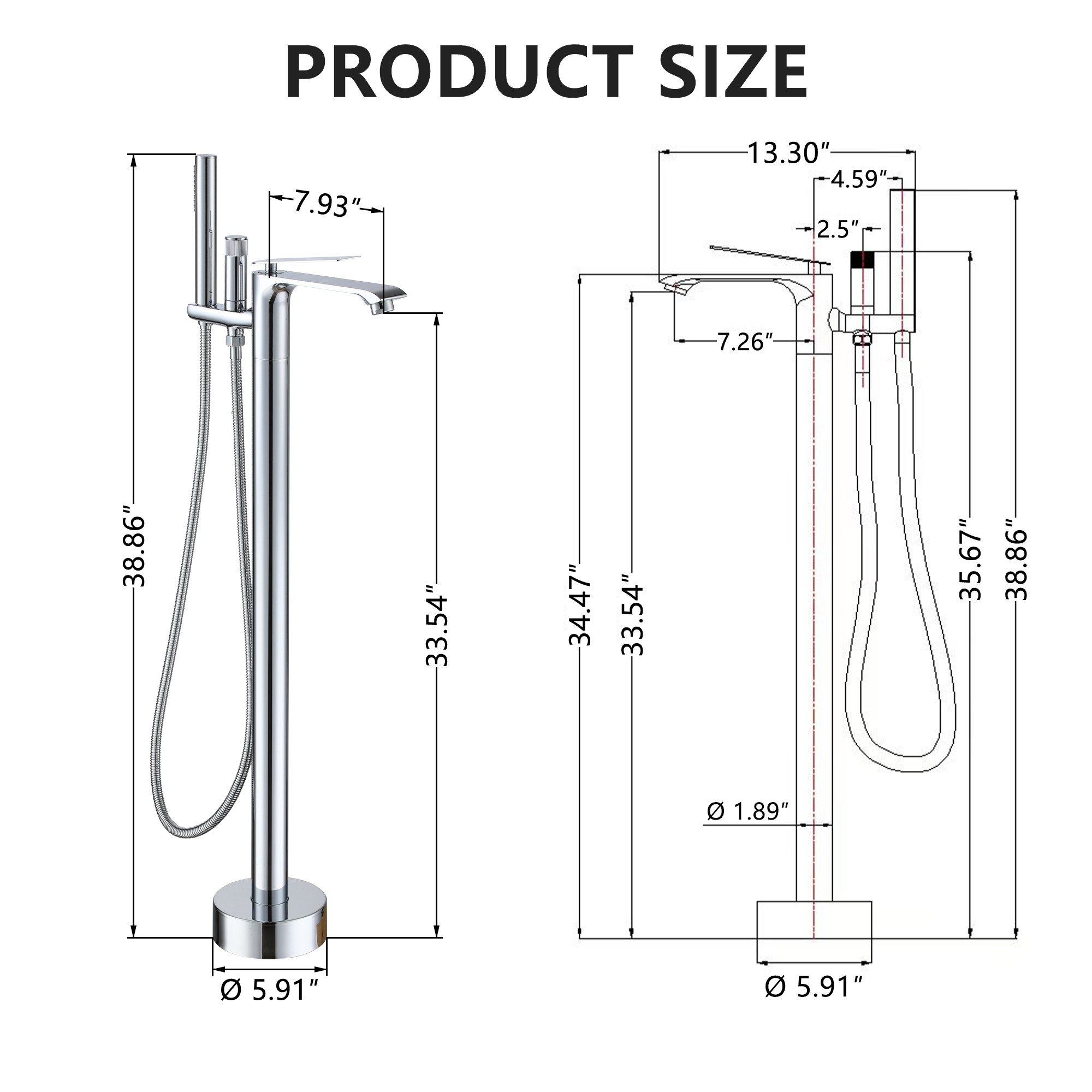 Freestanding Tub Faucet Floor Mounted Tub Filler with 150mm Handheld Hose