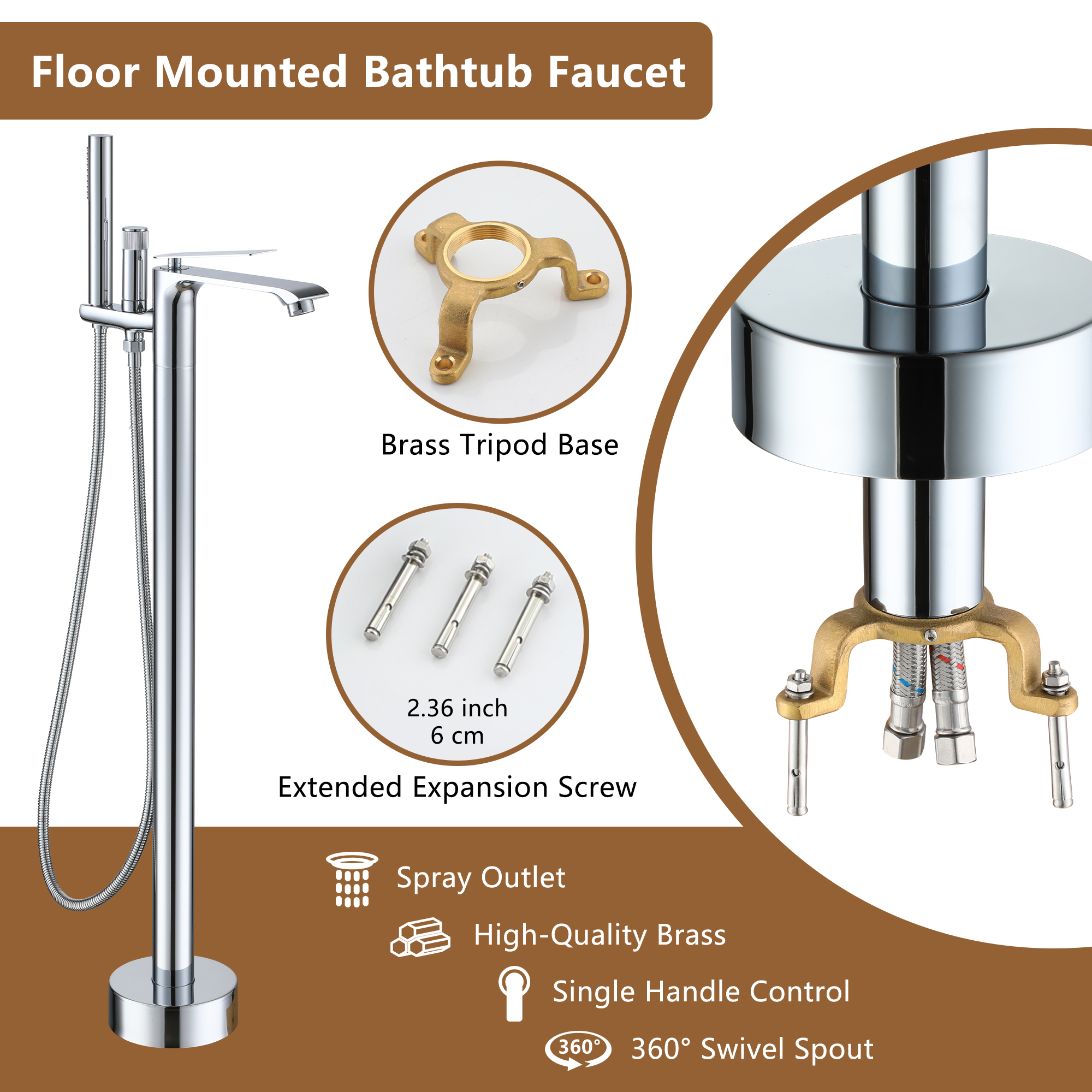 Freestanding Tub Faucet Floor Mounted Tub Filler with 150mm Handheld Hose