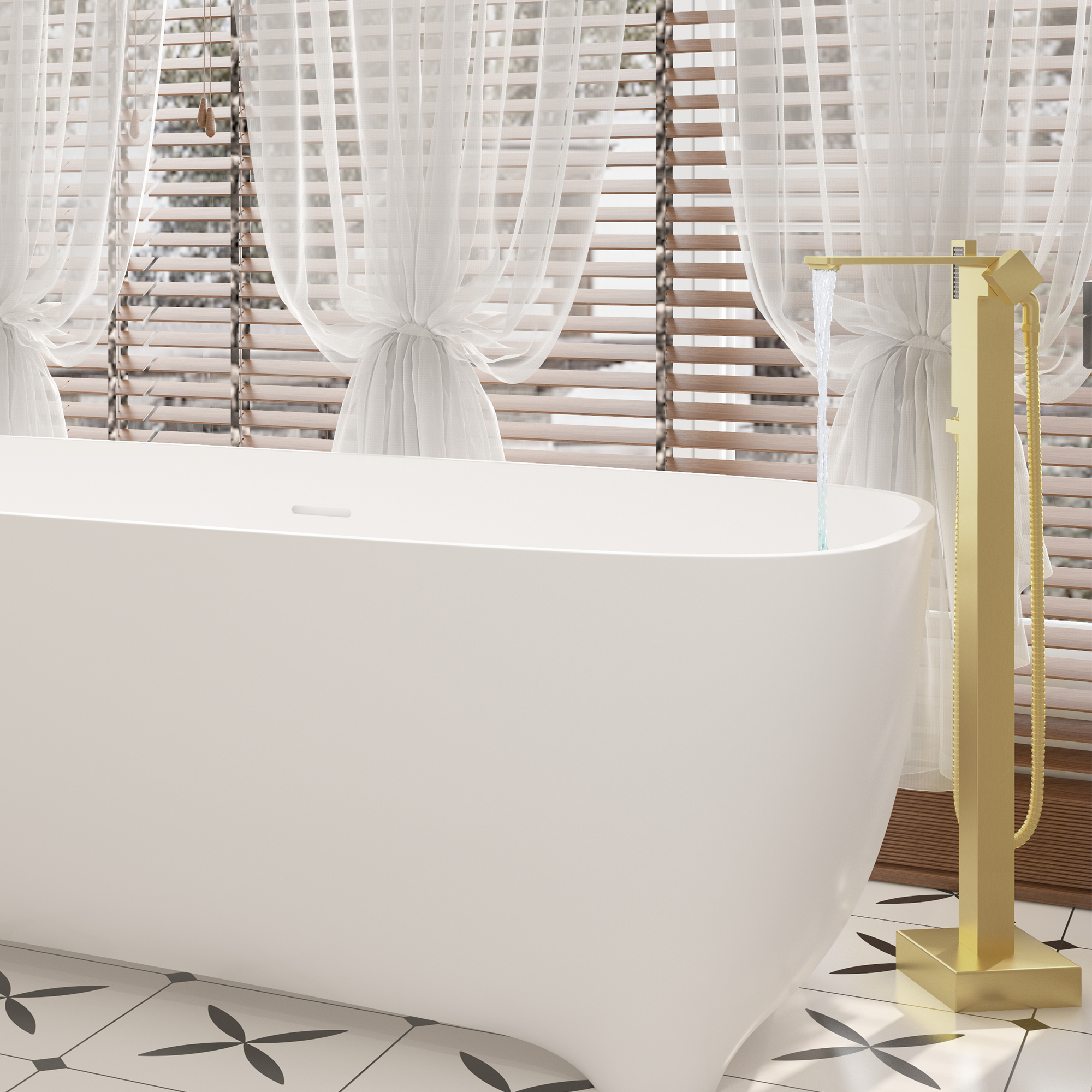 Freestanding Bathtub Faucet with Waterfall Bath Spout and Hand Shower Matte Black /Brushed Nickel /Brushed Gold /Chrome Plated