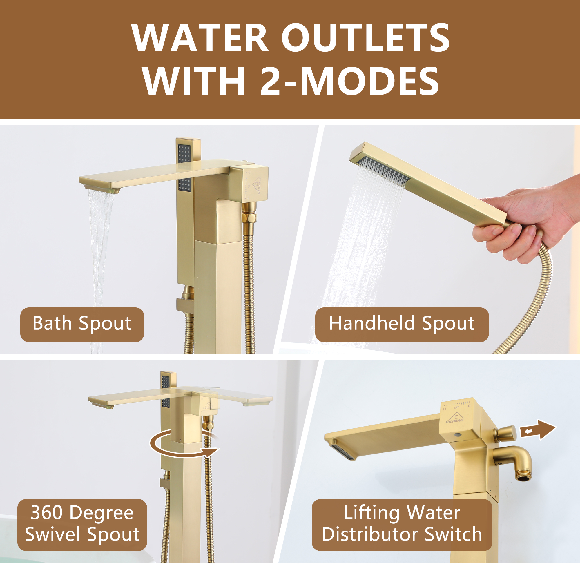 Freestanding Bathtub Faucet with Waterfall Bath Spout and Hand Shower Matte Black /Brushed Nickel /Brushed Gold /Chrome Plated