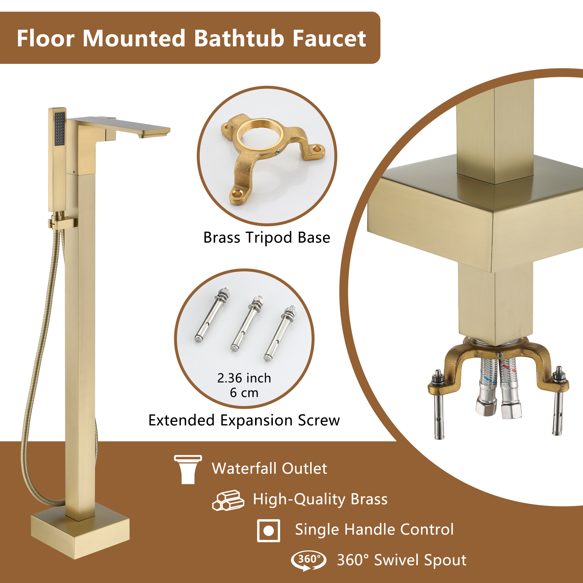 Freestanding Bathtub Faucet with Waterfall Bath Spout and Hand Shower Matte Black /Brushed Nickel /Brushed Gold /Chrome Plated