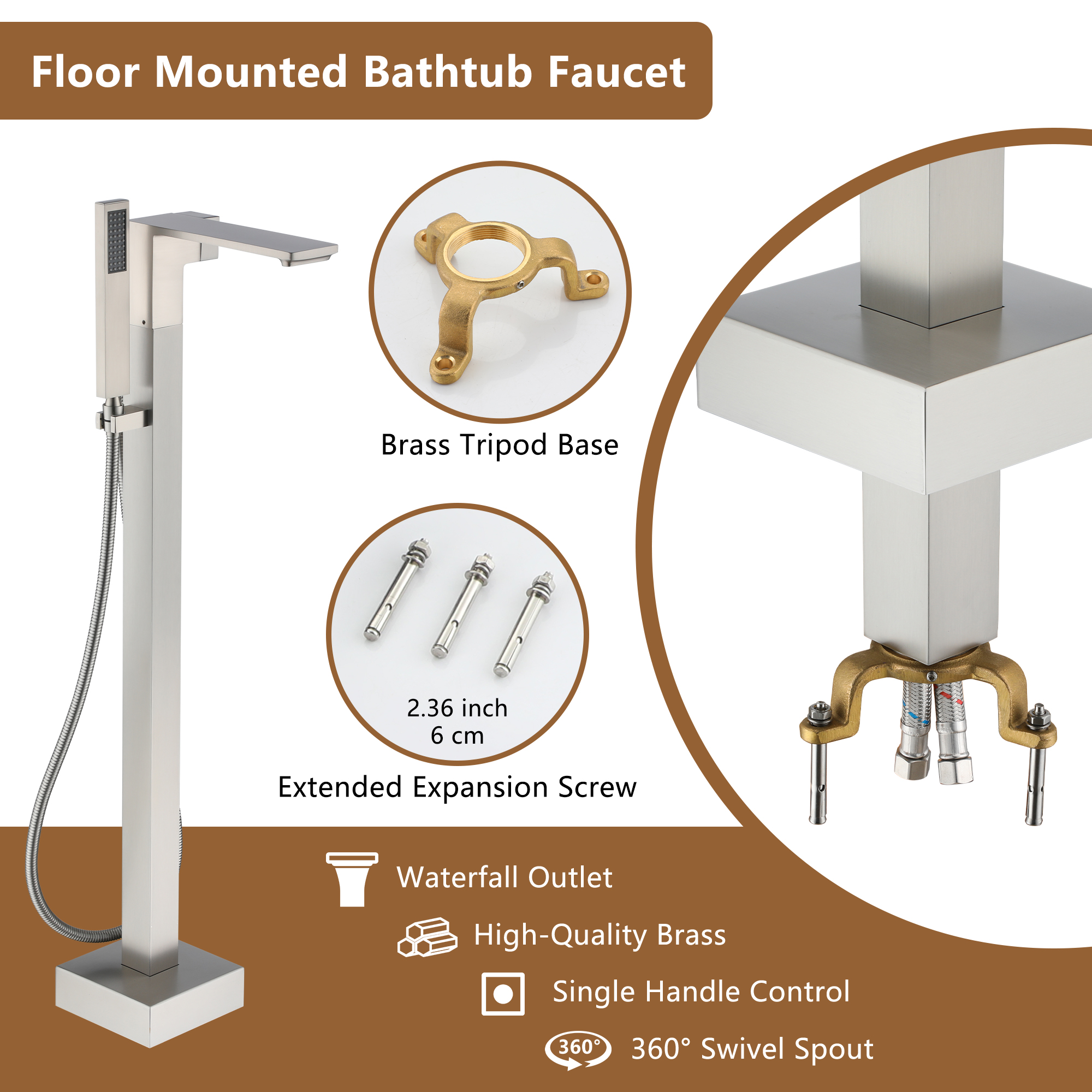 Freestanding Bathtub Faucet with Waterfall Bath Spout and Hand Shower Matte Black /Brushed Nickel /Brushed Gold /Chrome Plated