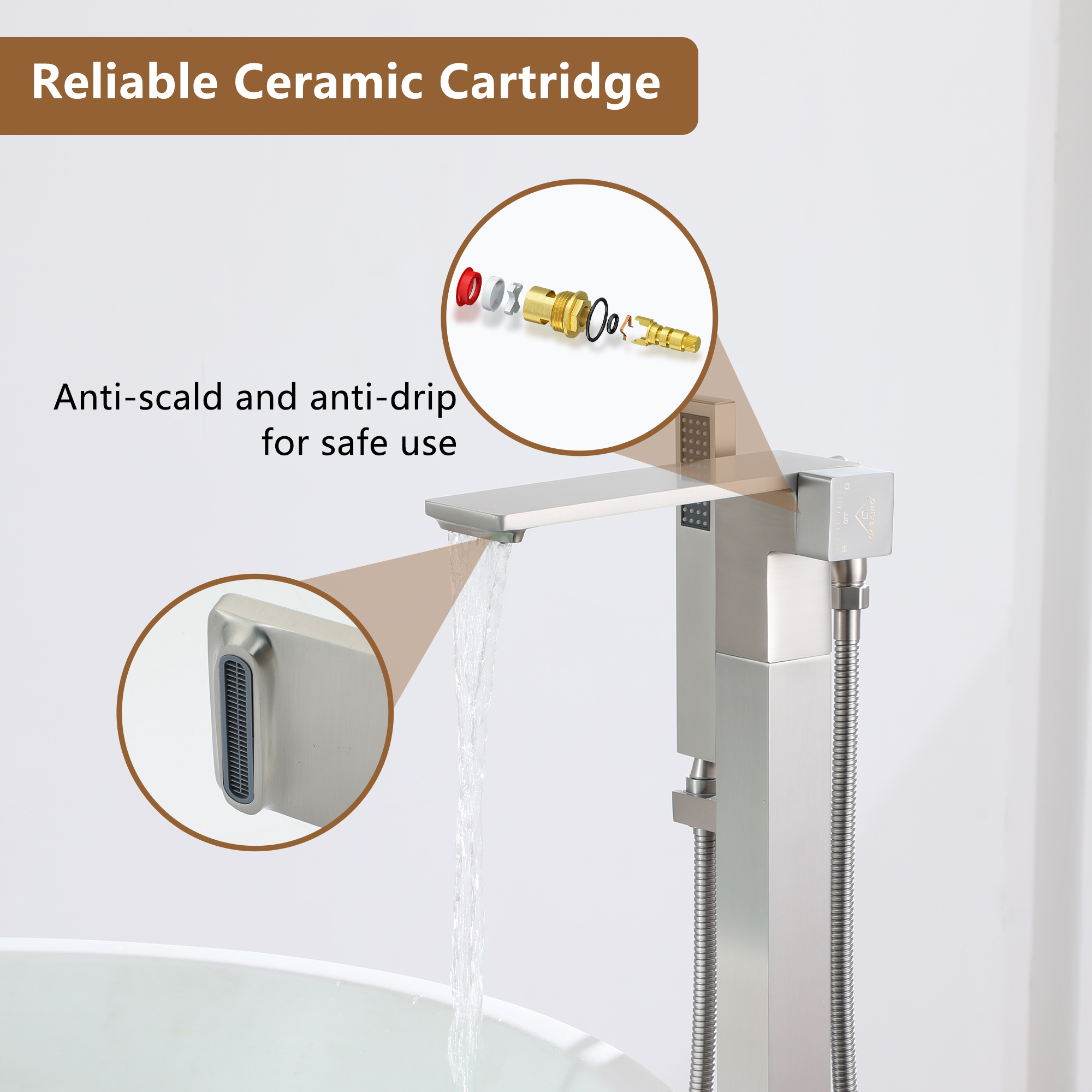 Freestanding Bathtub Faucet with Waterfall Bath Spout and Hand Shower Matte Black /Brushed Nickel /Brushed Gold /Chrome Plated