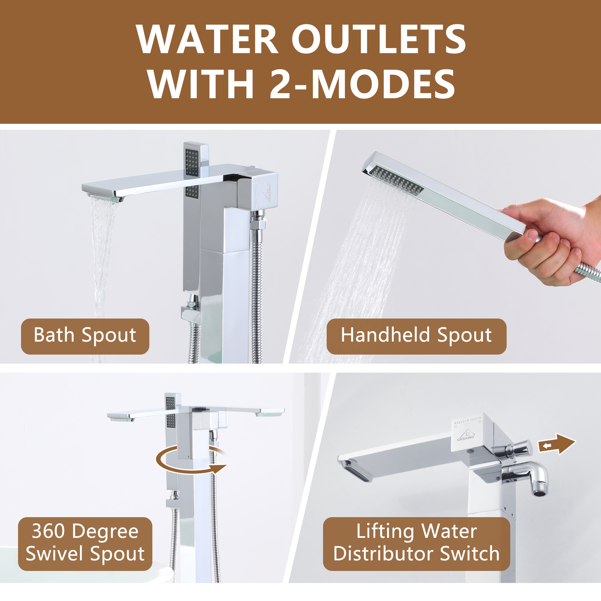 Freestanding Bathtub Faucet with Waterfall Bath Spout and Hand Shower Matte Black /Brushed Nickel /Brushed Gold /Chrome Plated