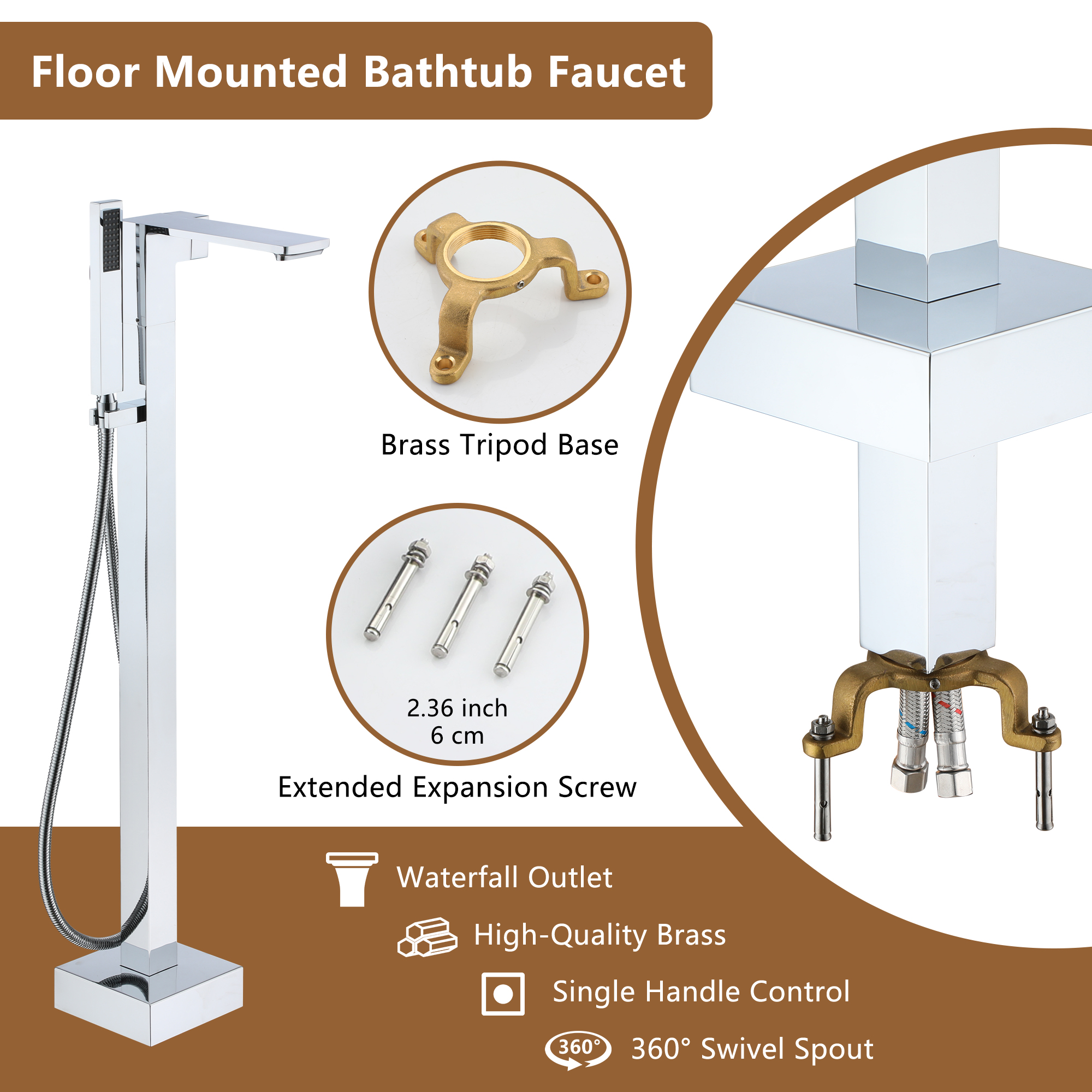 Freestanding Bathtub Faucet with Waterfall Bath Spout and Hand Shower Matte Black /Brushed Nickel /Brushed Gold /Chrome Plated
