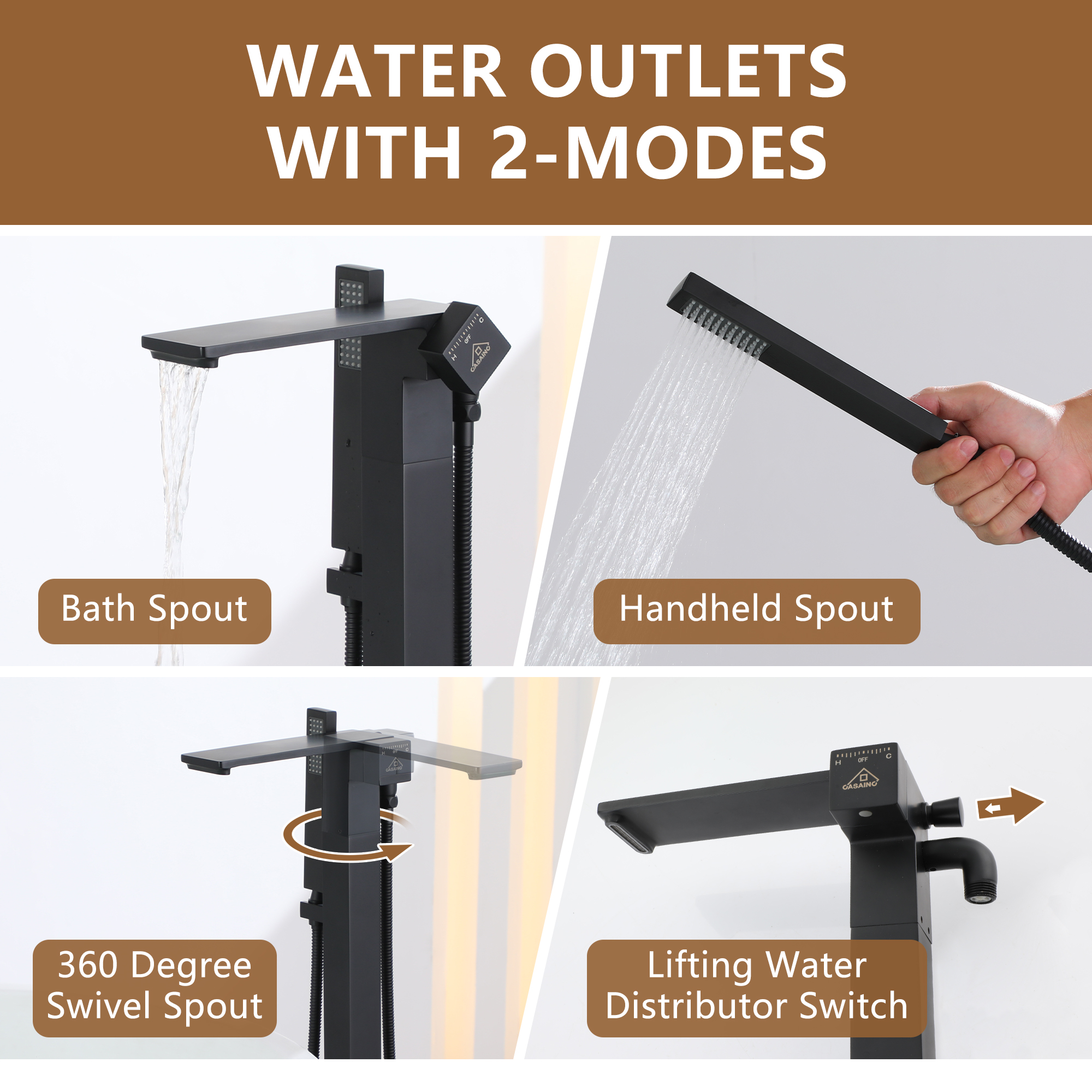 Freestanding Bathtub Faucet with Waterfall Bath Spout and Hand Shower Matte Black /Brushed Nickel /Brushed Gold /Chrome Plated