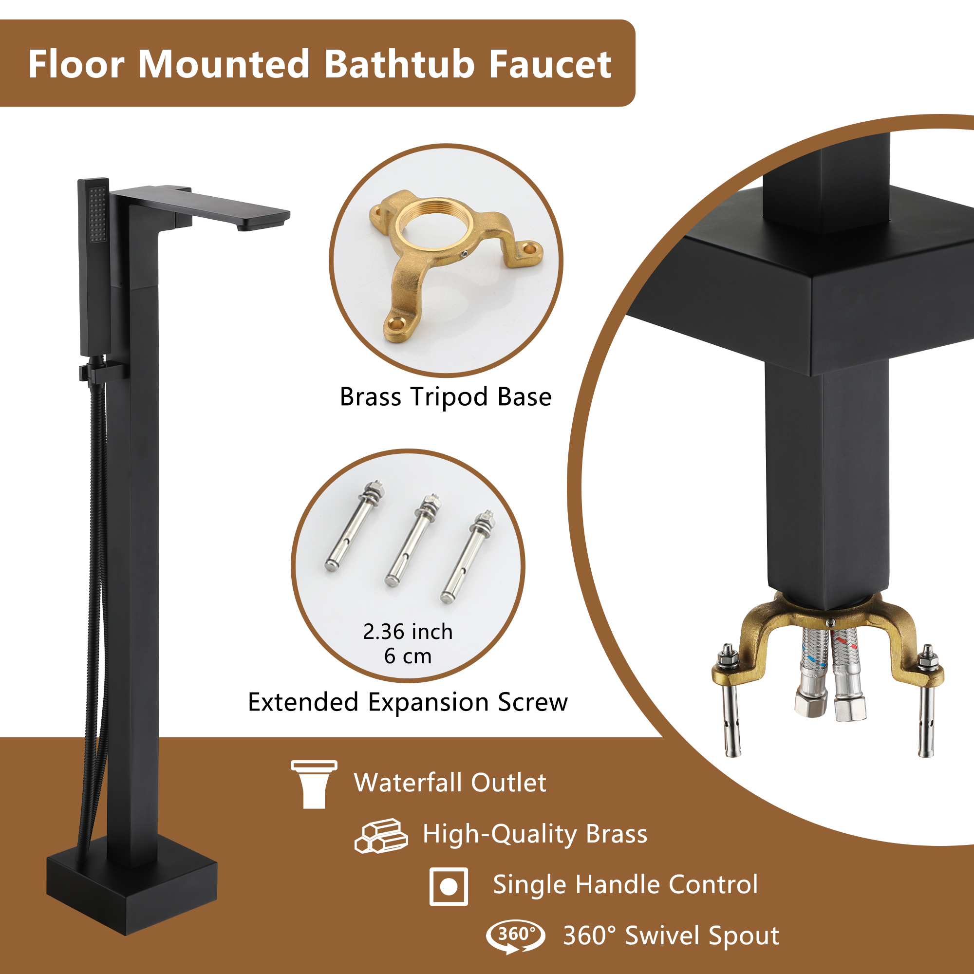 Freestanding Bathtub Faucet with Waterfall Bath Spout and Hand Shower Matte Black /Brushed Nickel /Brushed Gold /Chrome Plated