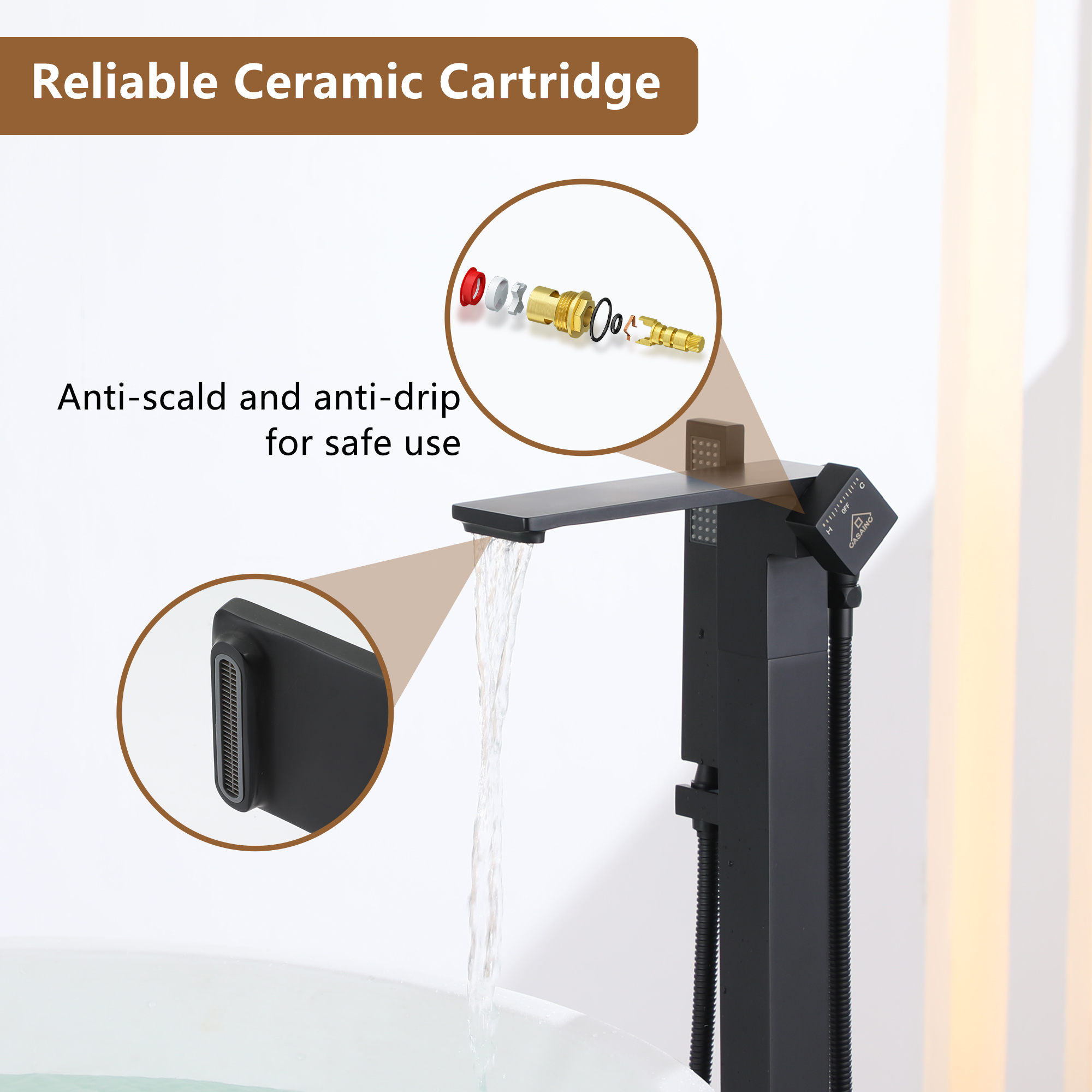 Freestanding Bathtub Faucet with Waterfall Bath Spout and Hand Shower Matte Black /Brushed Nickel /Brushed Gold /Chrome Plated