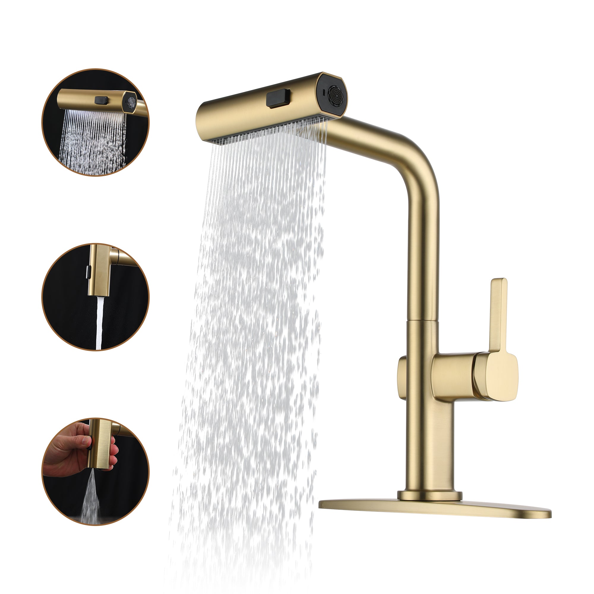 Single Handle Pull Down Sprayer Kitchen Faucet with 3 Functions Spray, 360° swivel Deckplate Included in Brushed Nickel/Brushed Gold/Matte Black/Chrome