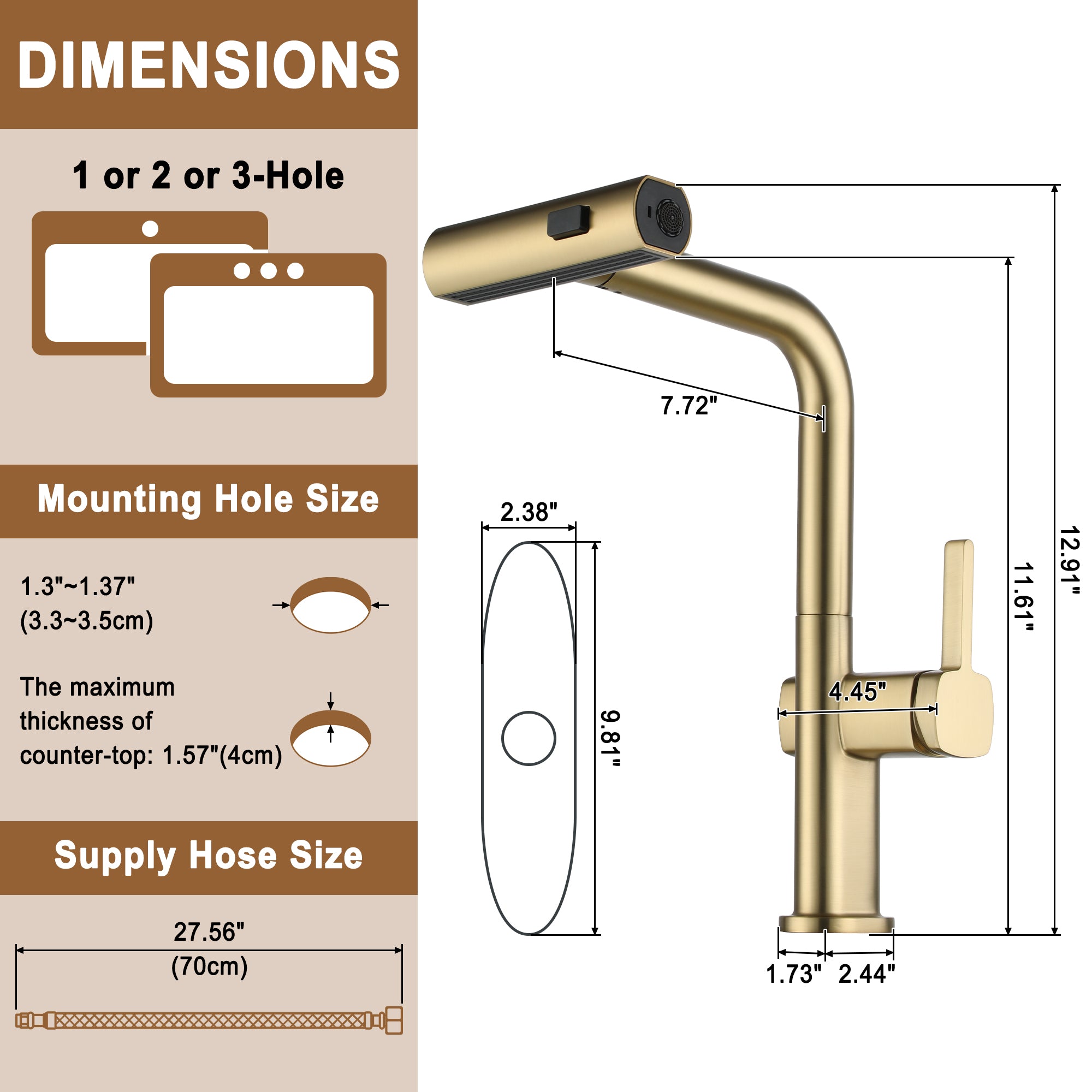 Single Handle Pull Down Sprayer Kitchen Faucet with 3 Functions Spray, 360° swivel Deckplate Included in Brushed Nickel/Brushed Gold/Matte Black/Chrome