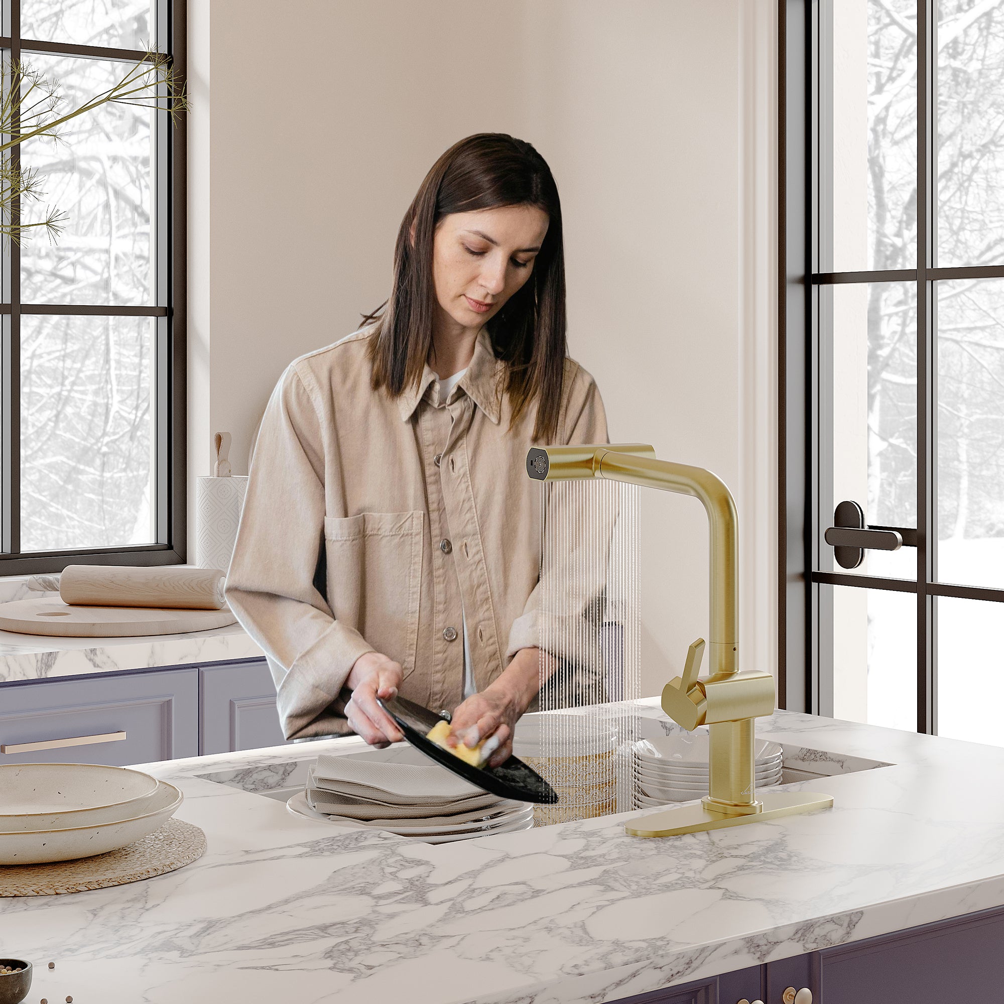 Single Handle Pull Down Sprayer Kitchen Faucet with 3 Functions Spray, 360° swivel Deckplate Included in Brushed Nickel/Brushed Gold/Matte Black/Chrome