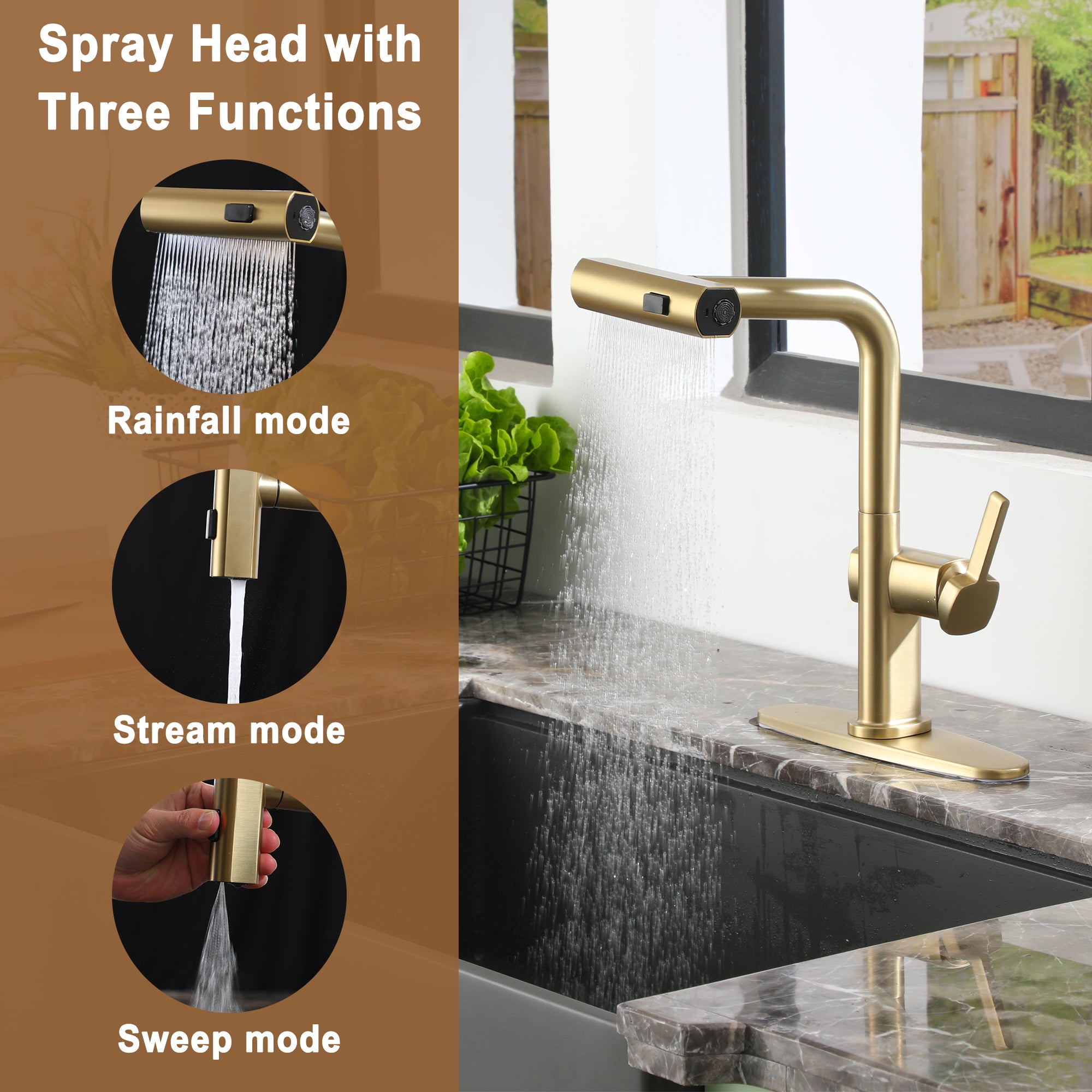 Single Handle Pull Down Sprayer Kitchen Faucet with 3 Functions Spray, 360° swivel Deckplate Included in Brushed Nickel/Brushed Gold/Matte Black/Chrome
