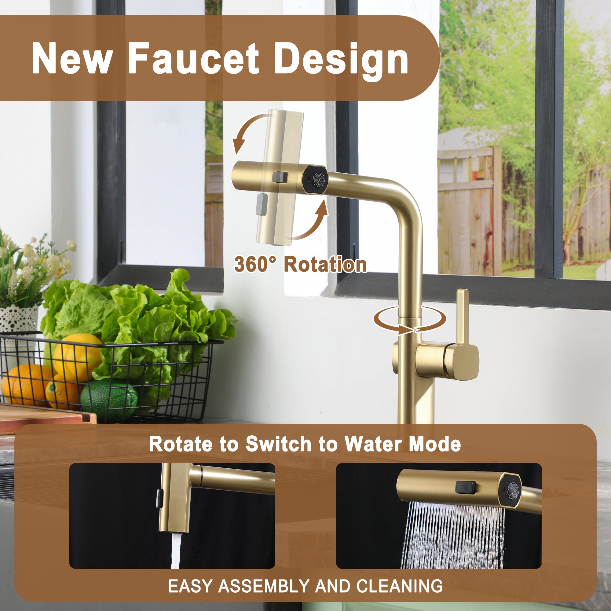 Single Handle Pull Down Sprayer Kitchen Faucet with 3 Functions Spray, 360° swivel Deckplate Included in Brushed Nickel/Brushed Gold/Matte Black/Chrome