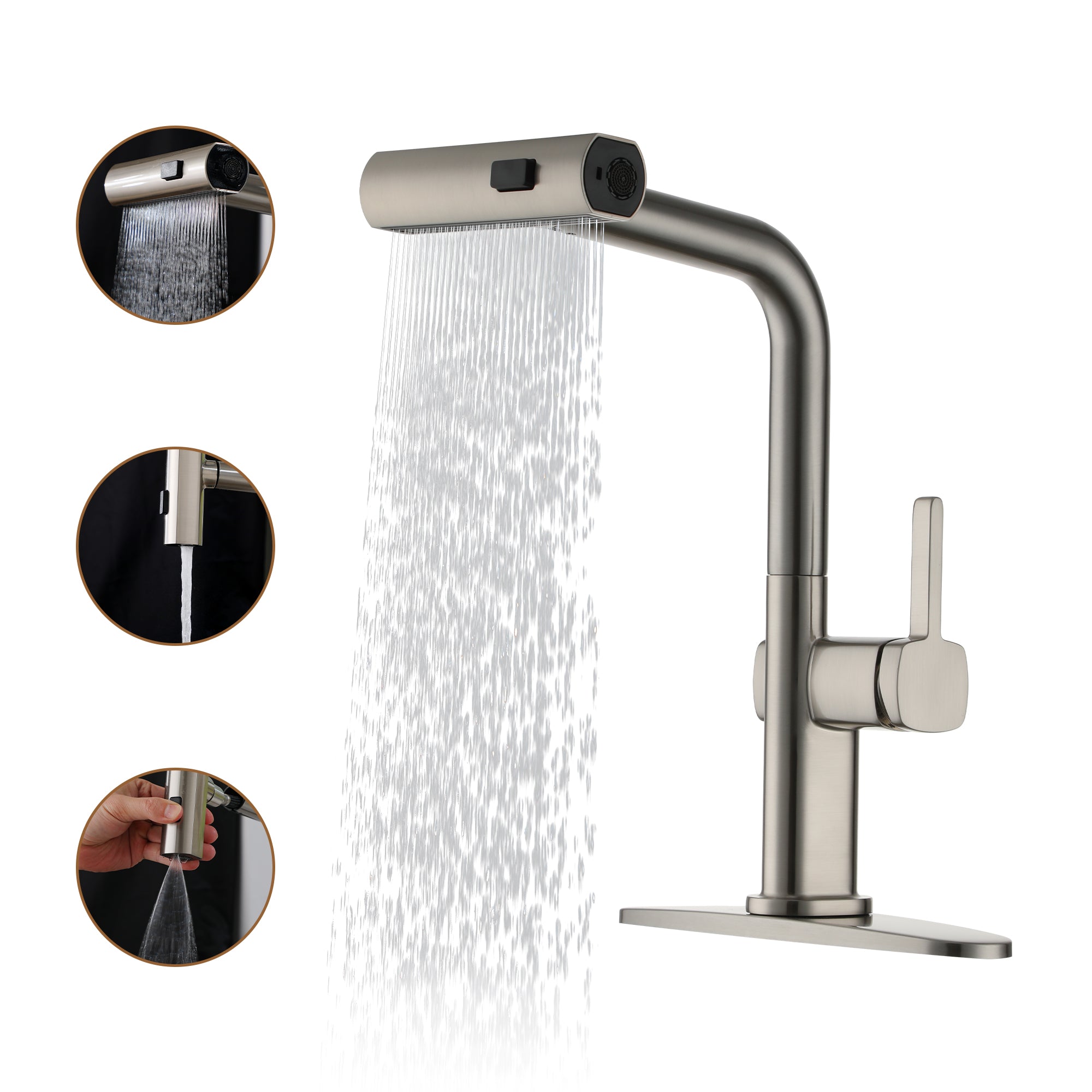 Single Handle Pull Down Sprayer Kitchen Faucet with 3 Functions Spray, 360° swivel Deckplate Included in Brushed Nickel/Brushed Gold/Matte Black/Chrome