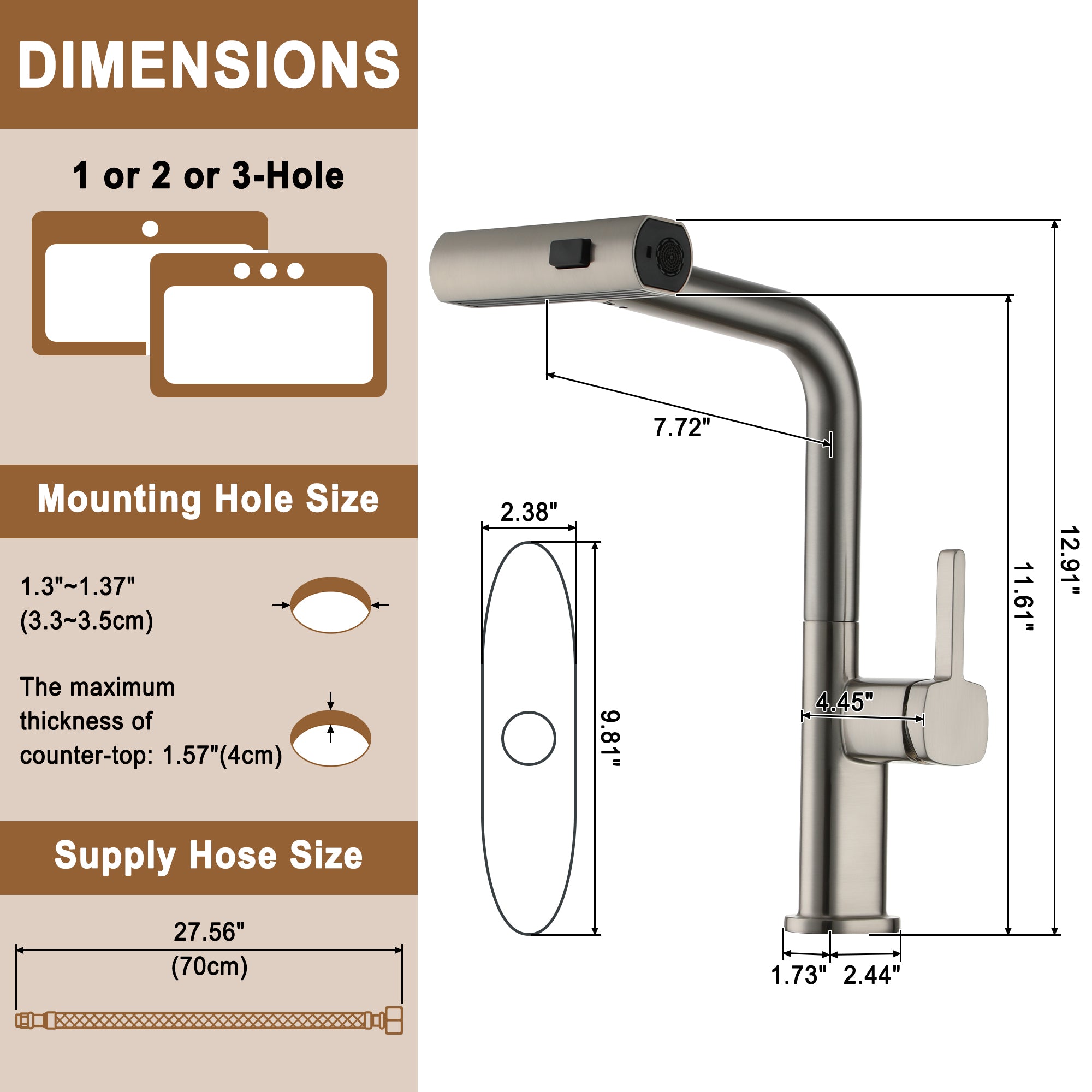 Single Handle Pull Down Sprayer Kitchen Faucet with 3 Functions Spray, 360° swivel Deckplate Included in Brushed Nickel/Brushed Gold/Matte Black/Chrome