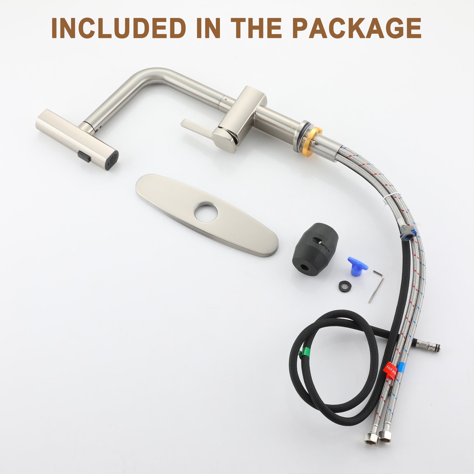 Single Handle Pull Down Sprayer Kitchen Faucet with 3 Functions Spray, 360° swivel Deckplate Included in Brushed Nickel/Brushed Gold/Matte Black/Chrome